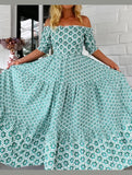 Printed Puffed Sleeve Maxi Swing Dress – Elegant High-Waist Flowy Dress for All Seasons
