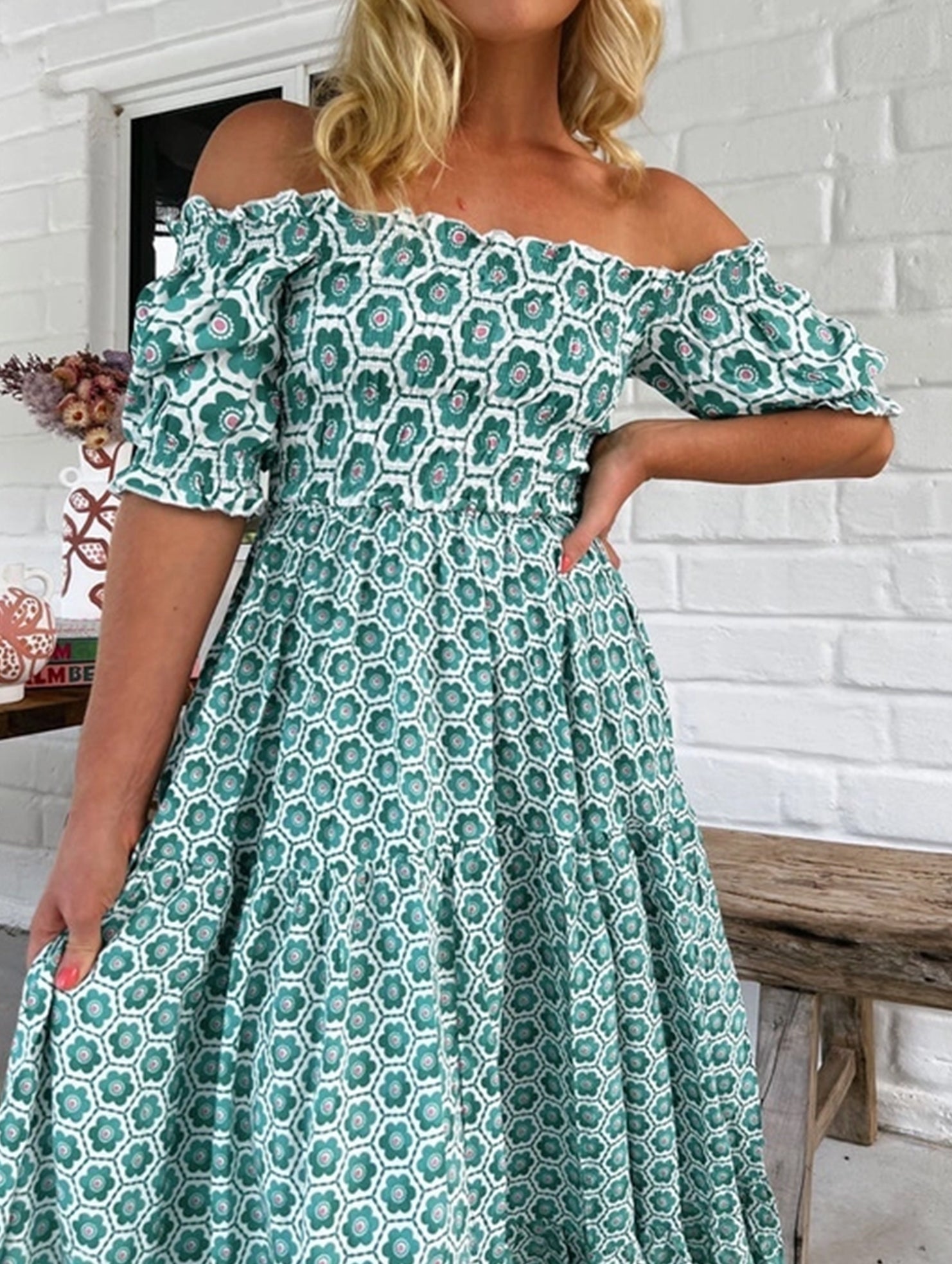Printed Puffed Sleeve Maxi Swing Dress – Elegant High-Waist Flowy Dress for All Seasons