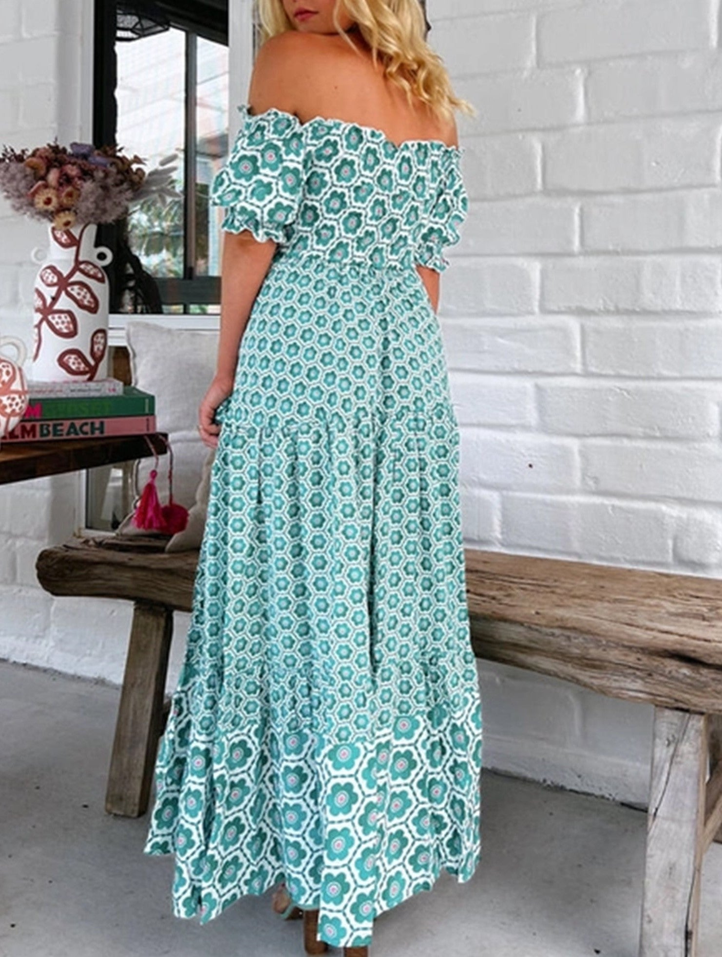 Printed Puffed Sleeve Maxi Swing Dress – Elegant High-Waist Flowy Dress for All Seasons