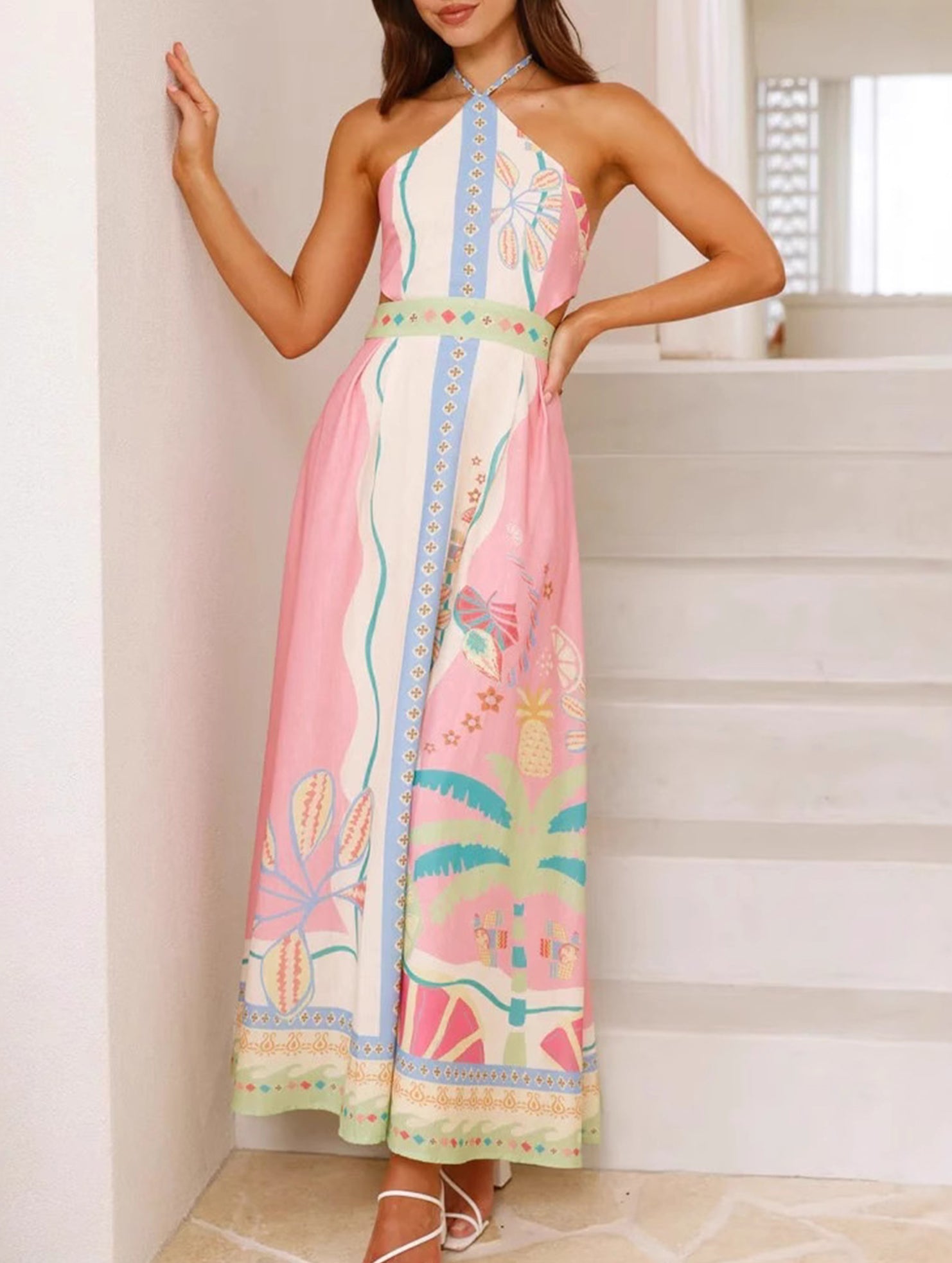 Sexy Halter Neck Tie-Waist Backless Long Dress