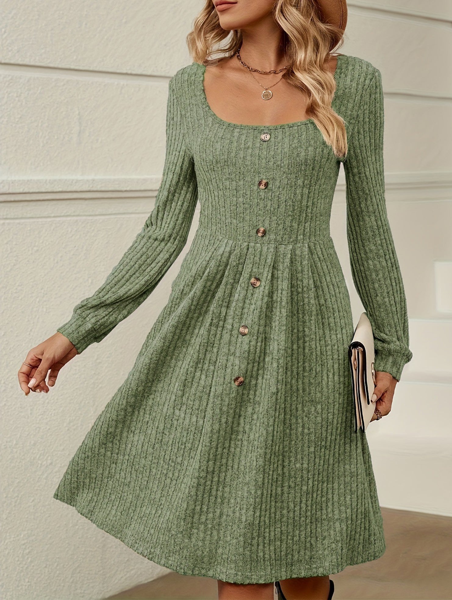 Loose solid color striped long-sleeved dress