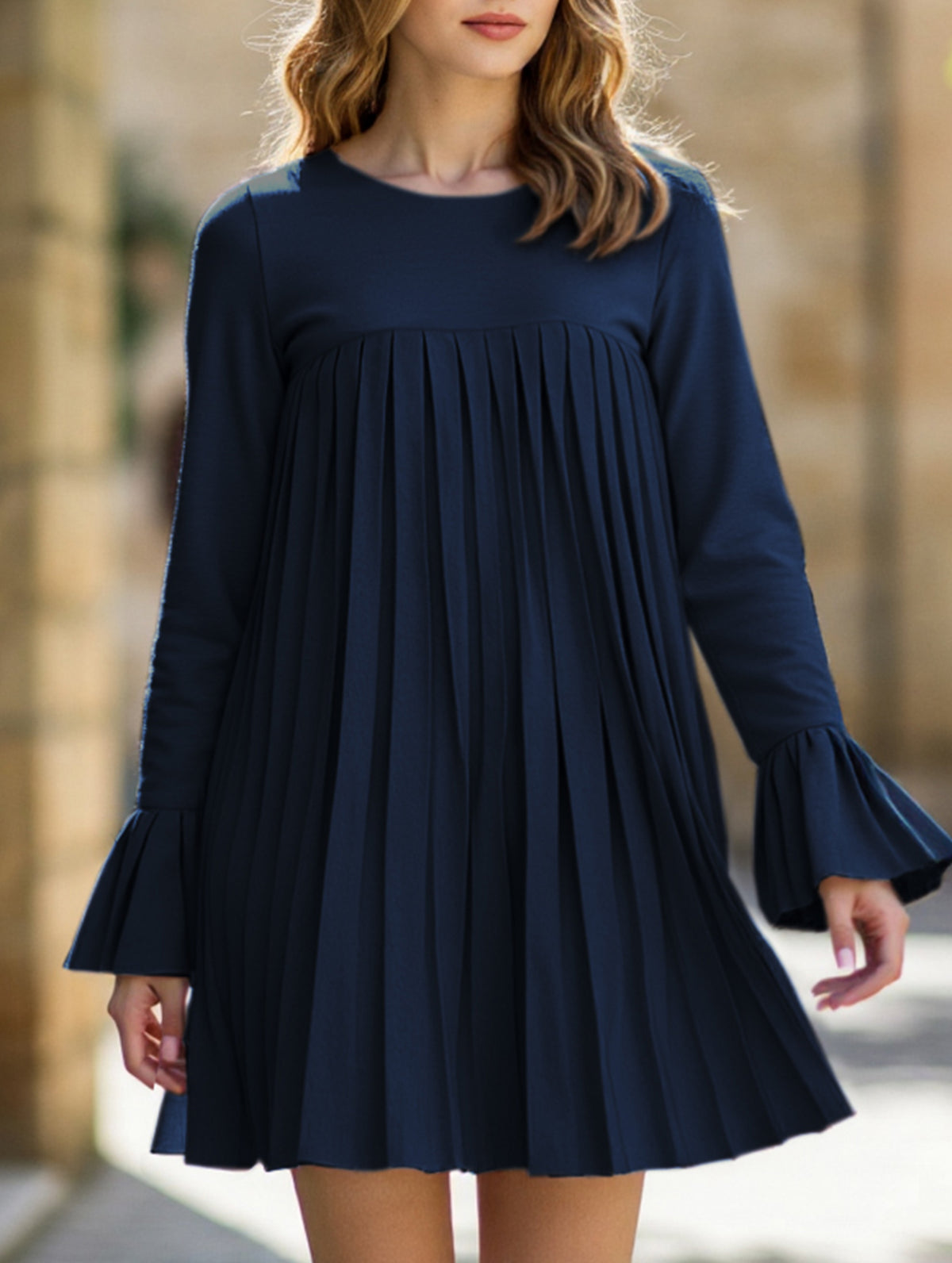 Fashion solid color pleated dress