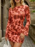 Backless Mesh Print Hip-Wrap Long Sleeve Dress