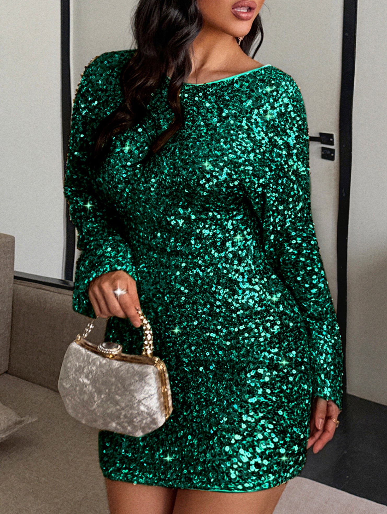 Luxury Sequined Long Sleeve Hip Dress