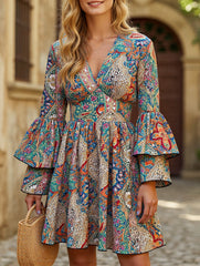 Women's Floral Print V-Neck Bell Sleeve Dress