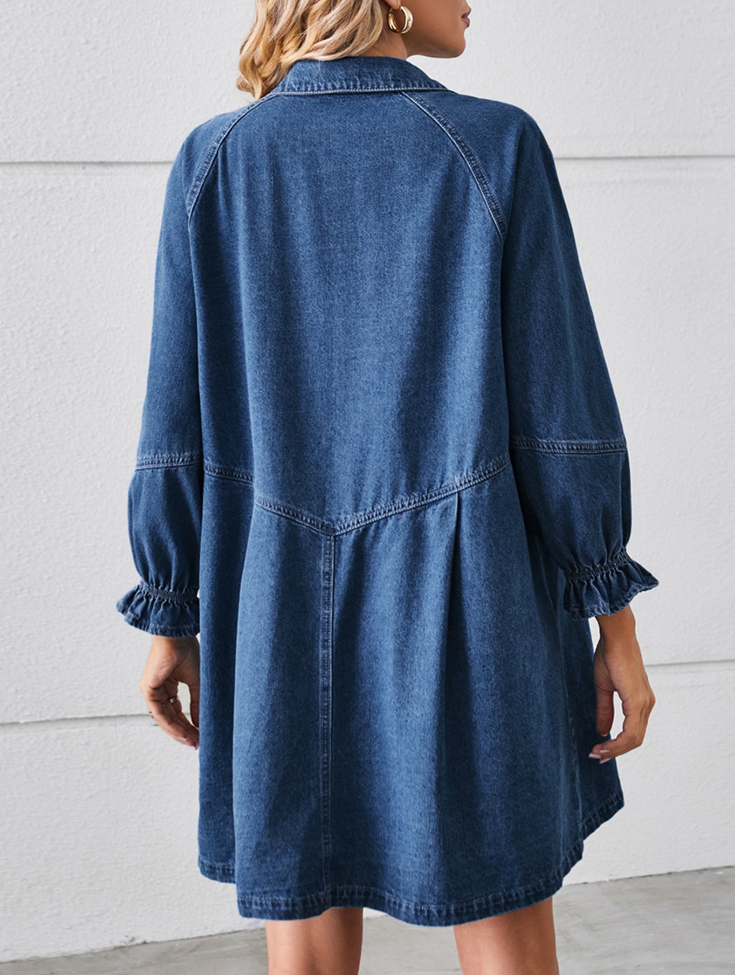 Loose washed long-sleeved patchwork denim dress