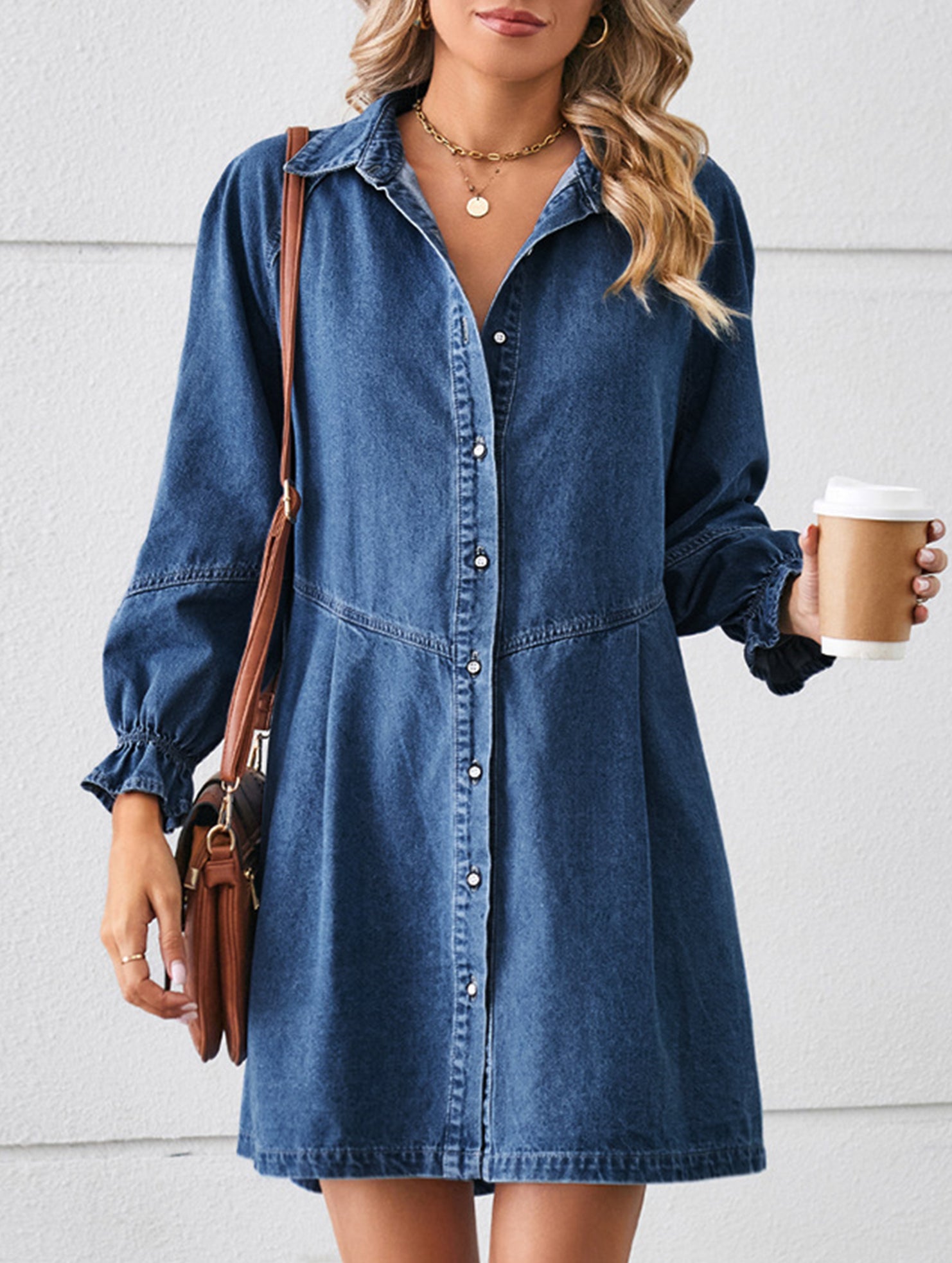 Loose washed long-sleeved patchwork denim dress