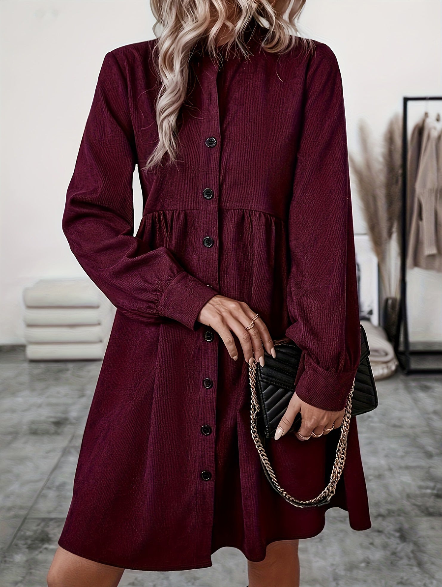 Lapel Single-Breasted Long-Sleeved Dress