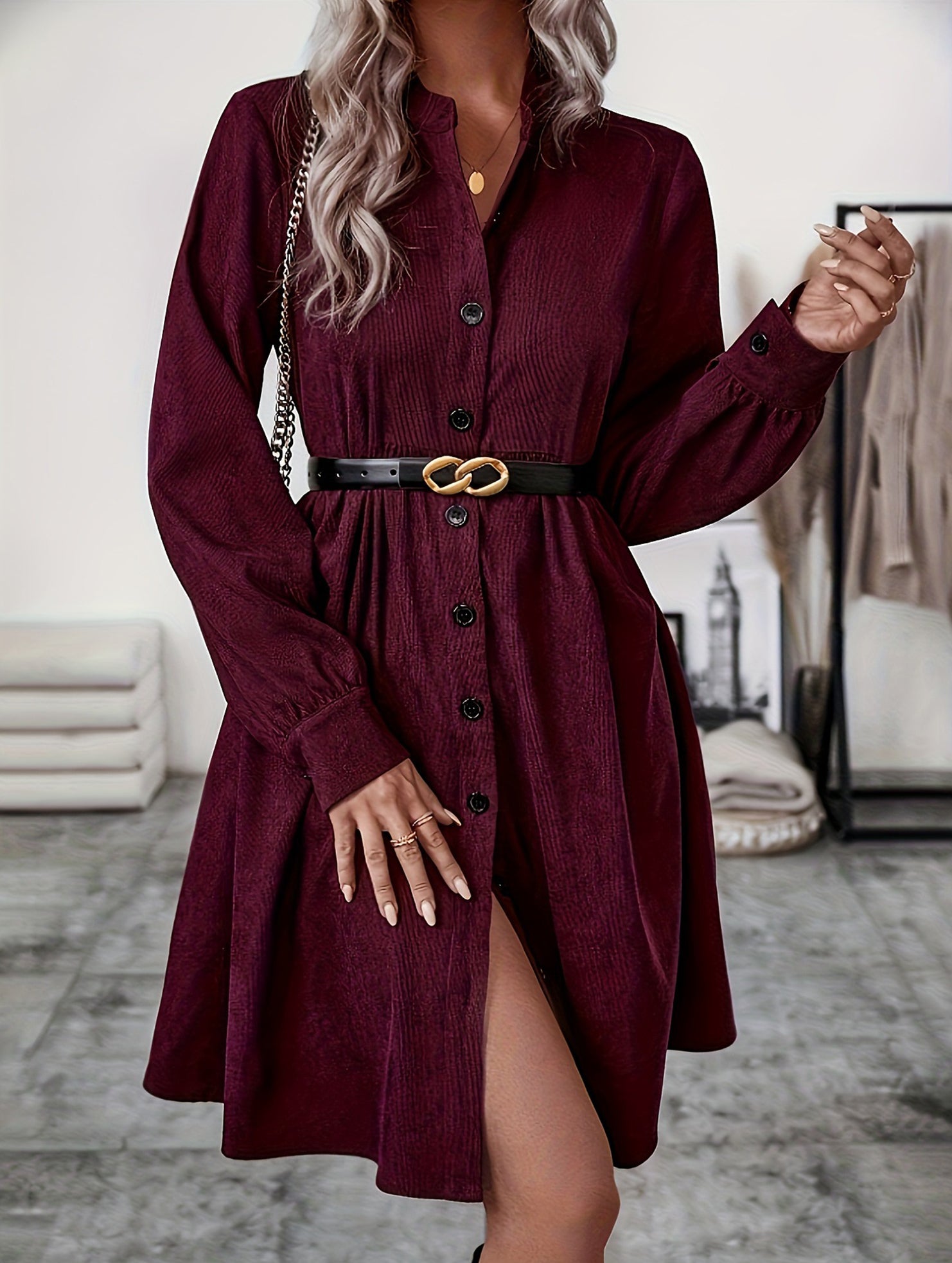 Lapel Single-Breasted Long-Sleeved Dress