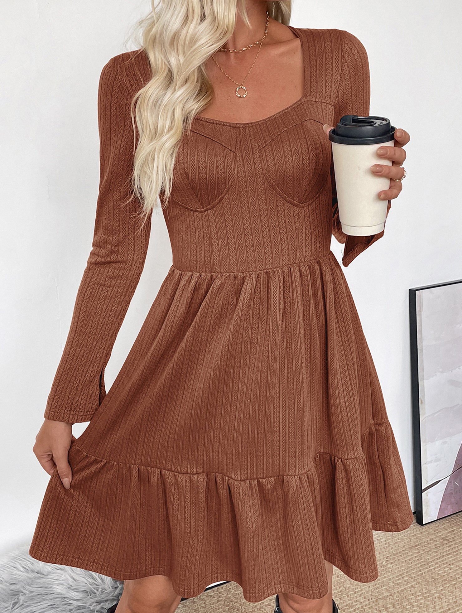 Retro style waist-length square neck A-line dress