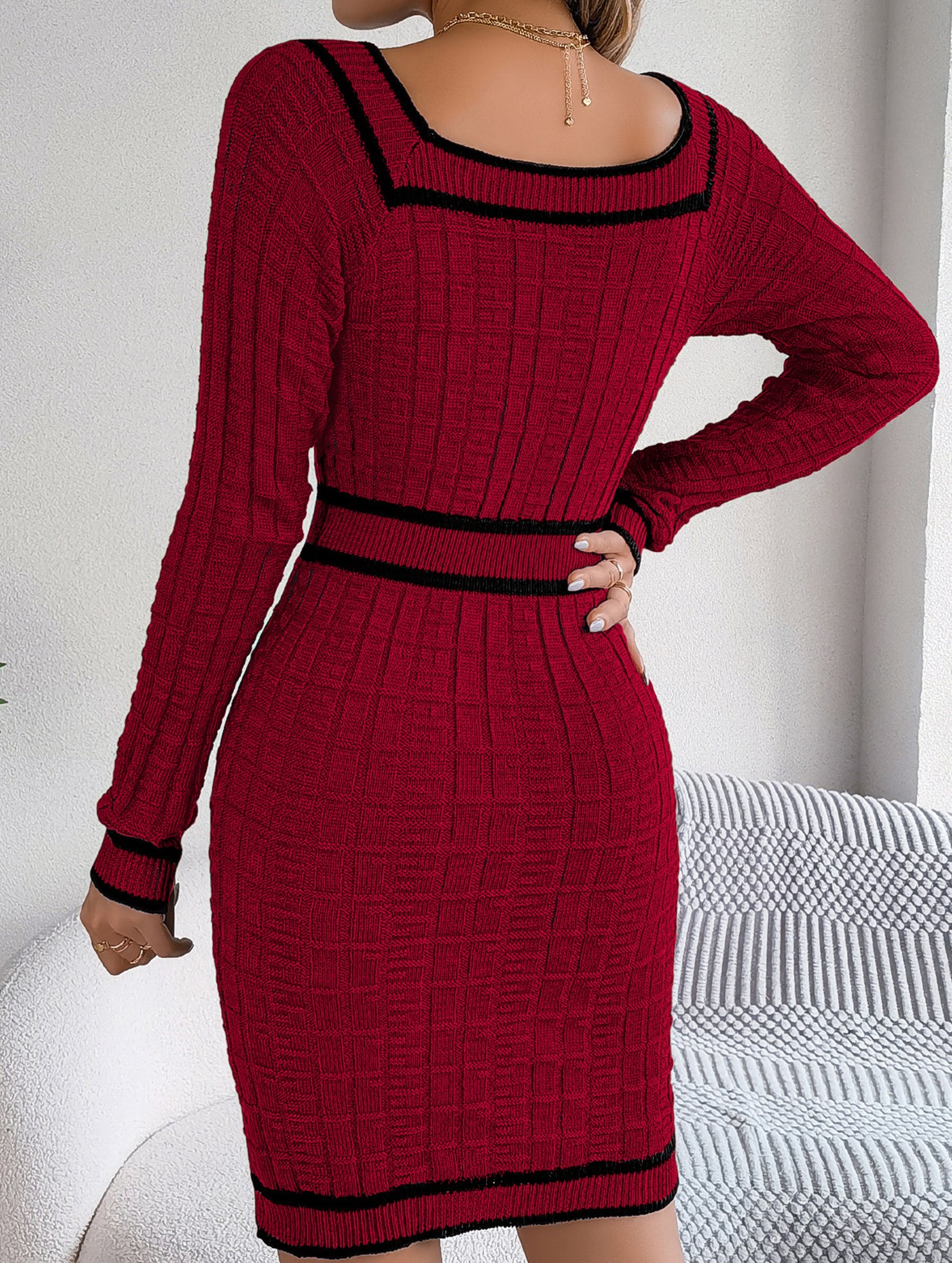 Square Neck Button Long Sleeve Sweater Hip Skirt