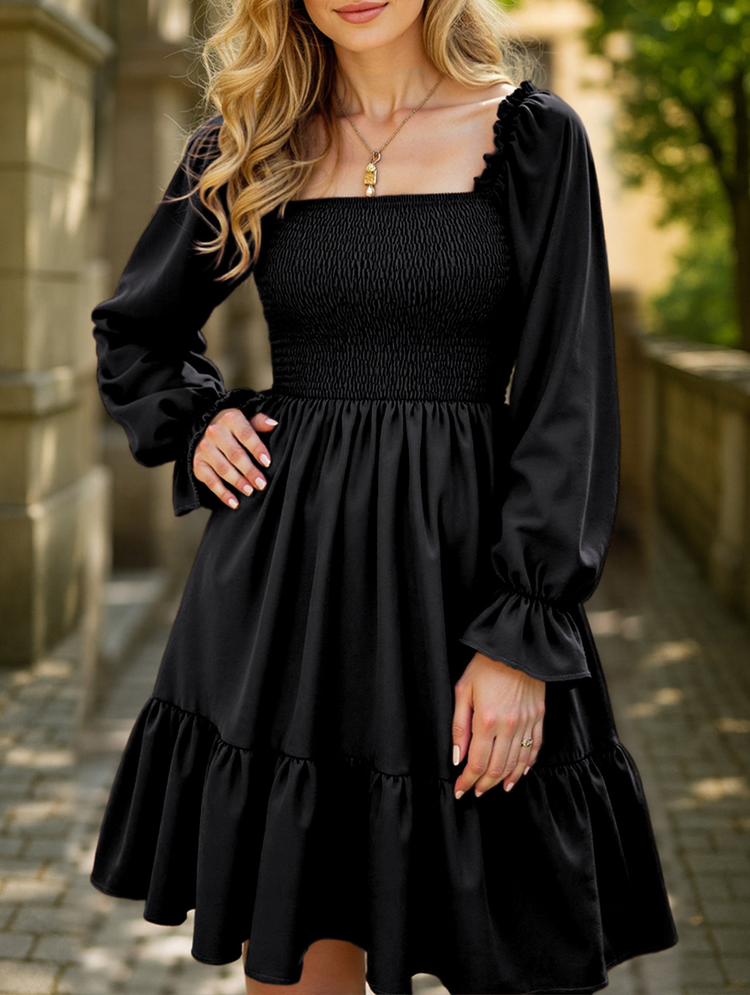 Simple Square Neck Shirred Dress