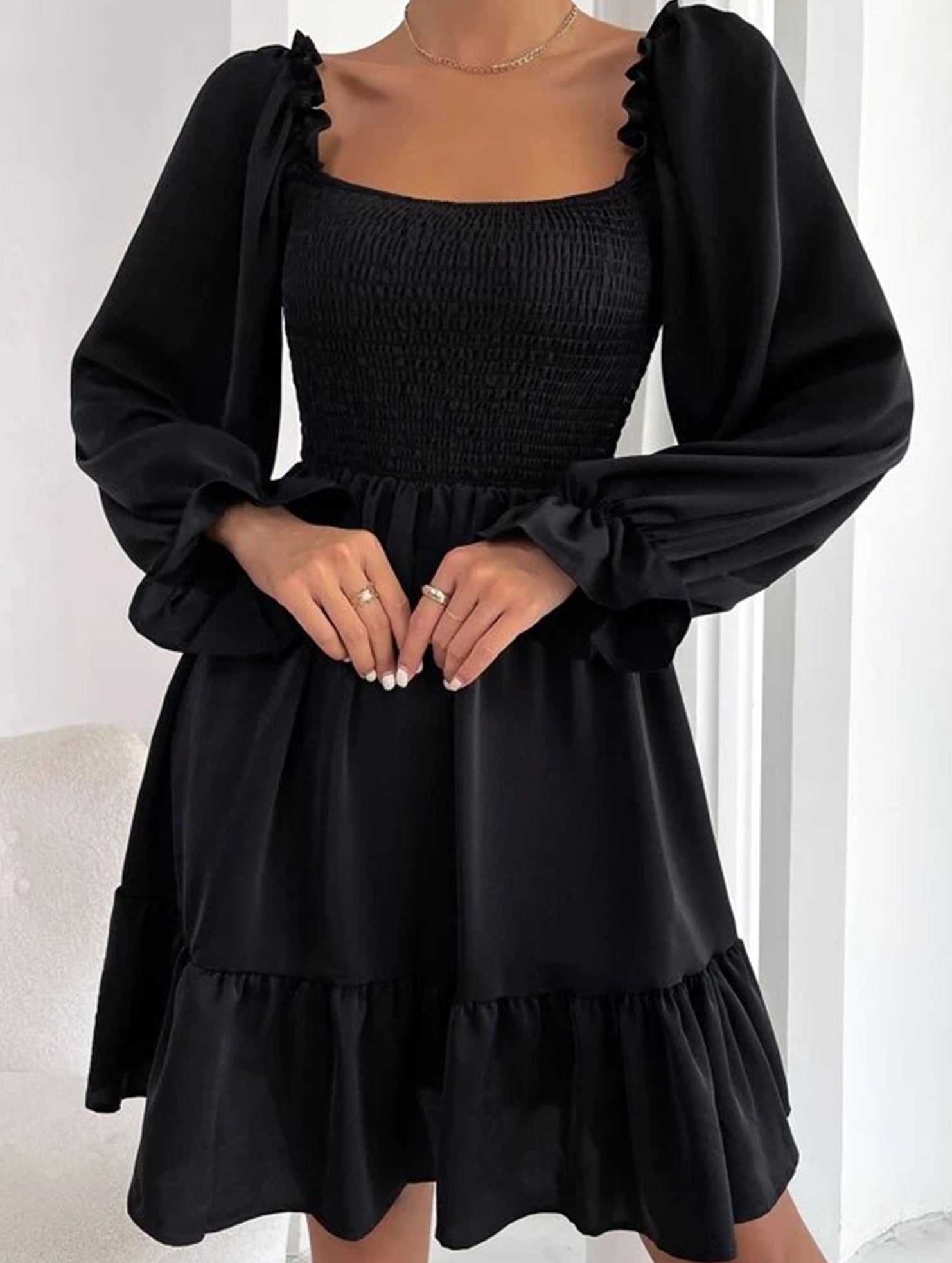 Simple Square Neck Shirred Dress