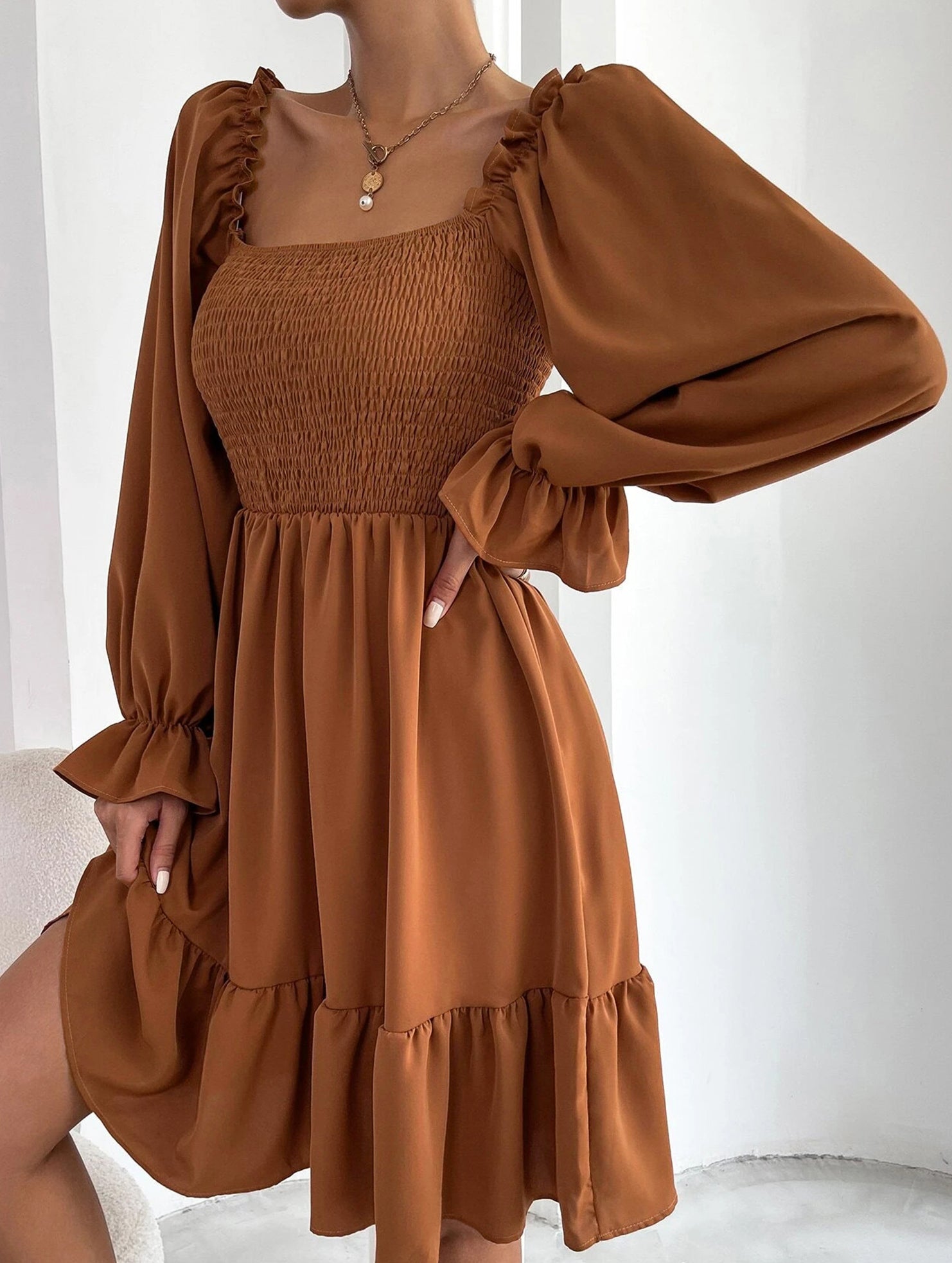Simple Square Neck Shirred Dress