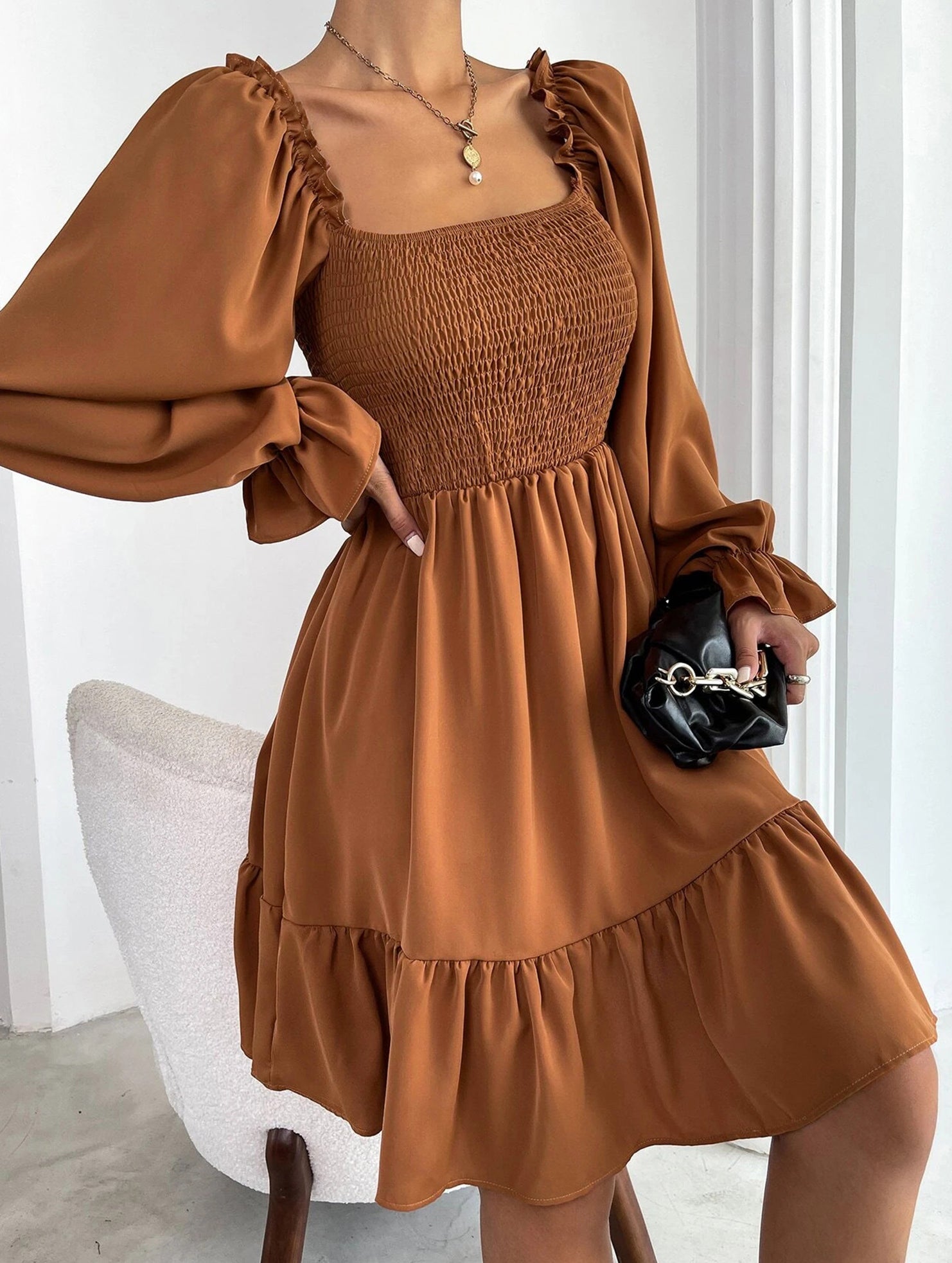 Simple Square Neck Shirred Dress
