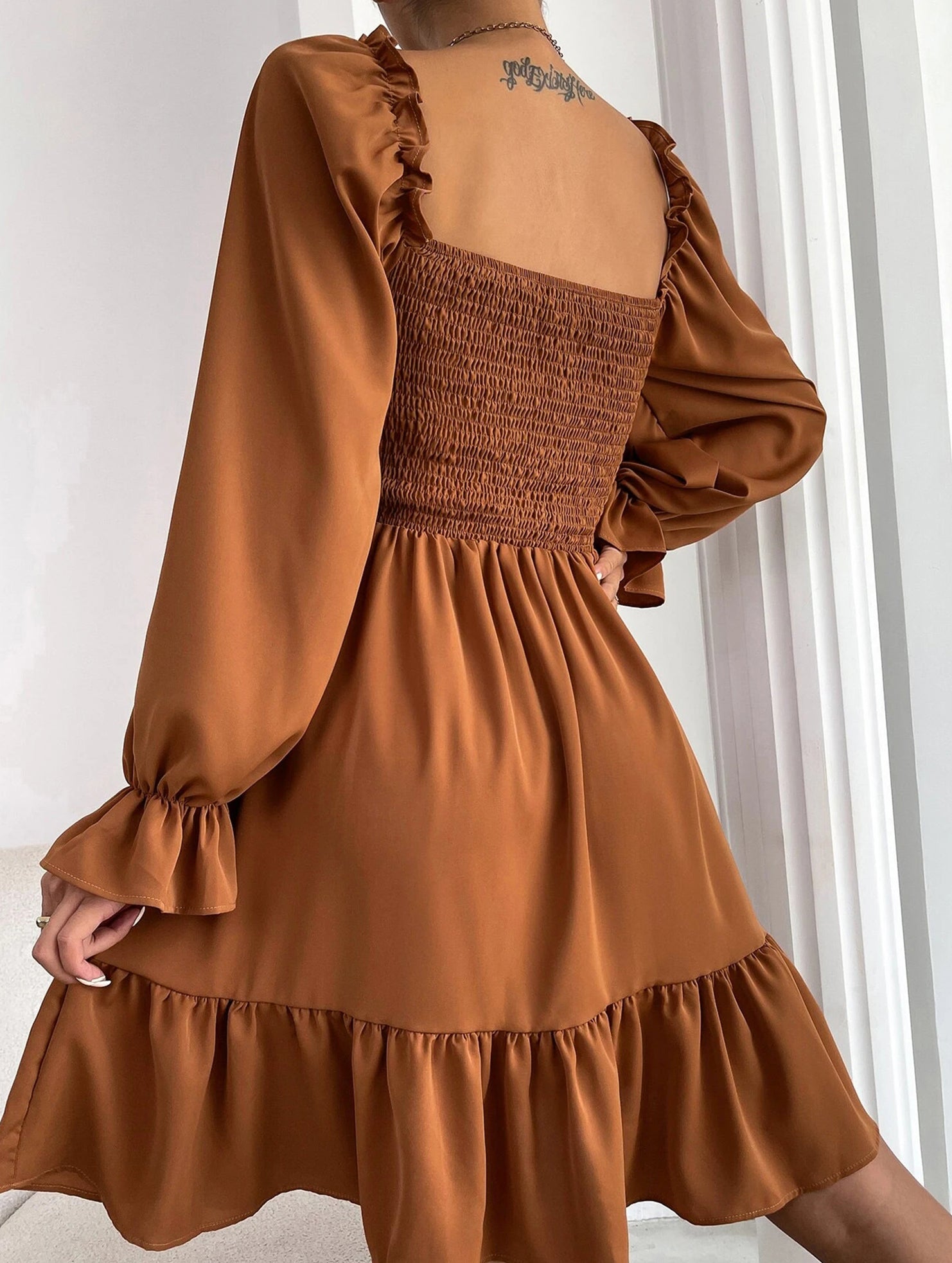 Simple Square Neck Shirred Dress