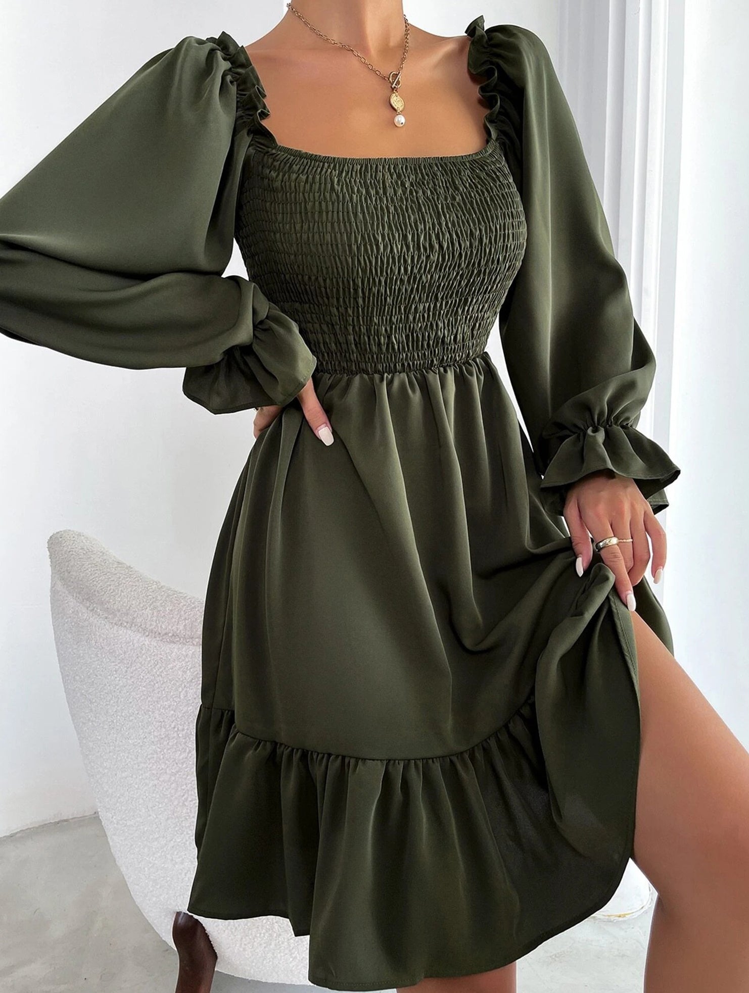 Simple Square Neck Shirred Dress