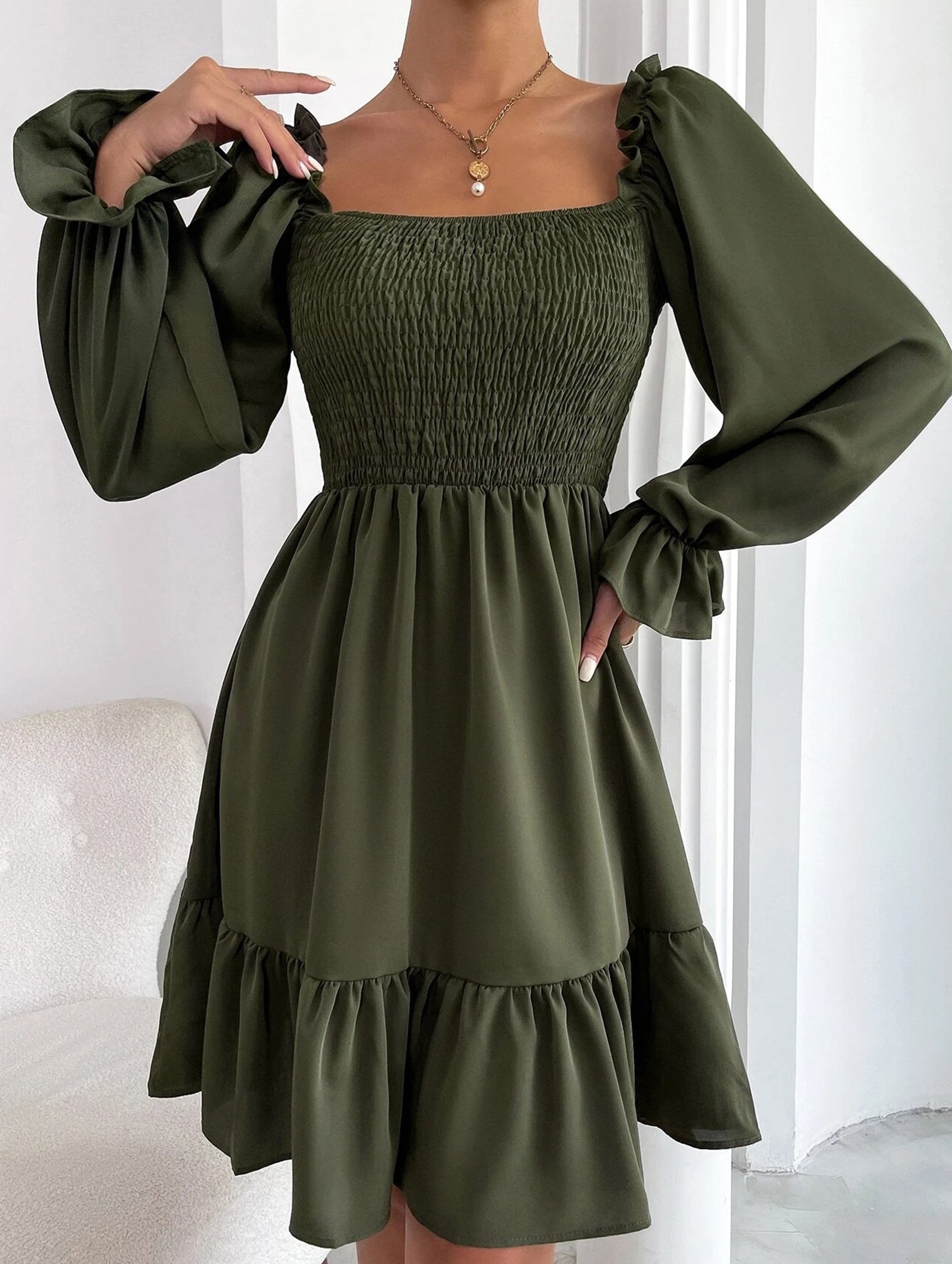 Simple Square Neck Shirred Dress