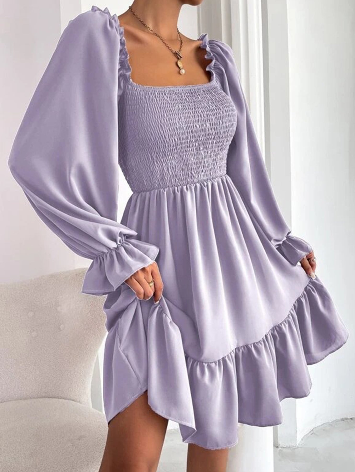 Simple Square Neck Shirred Dress