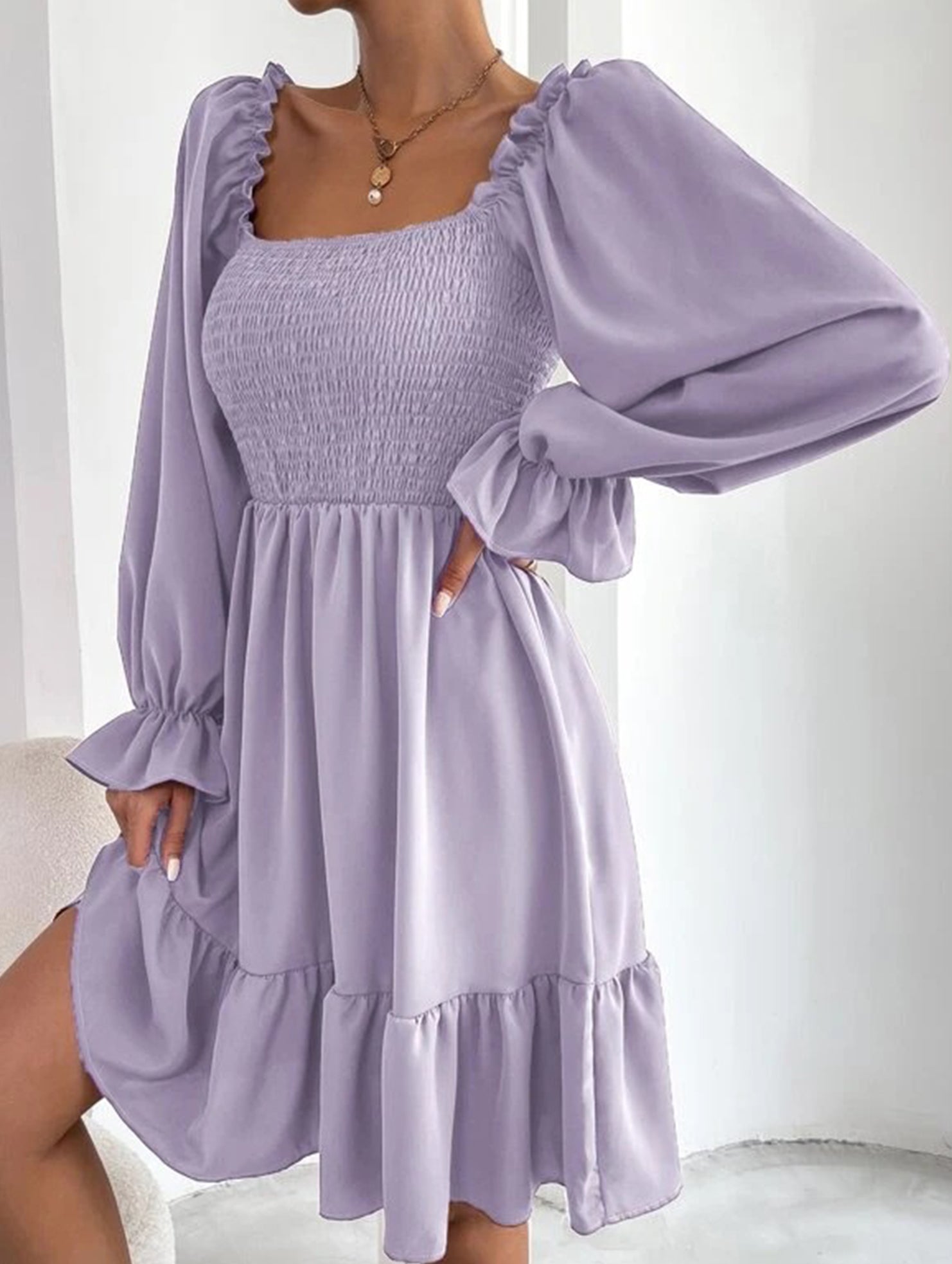 Simple Square Neck Shirred Dress