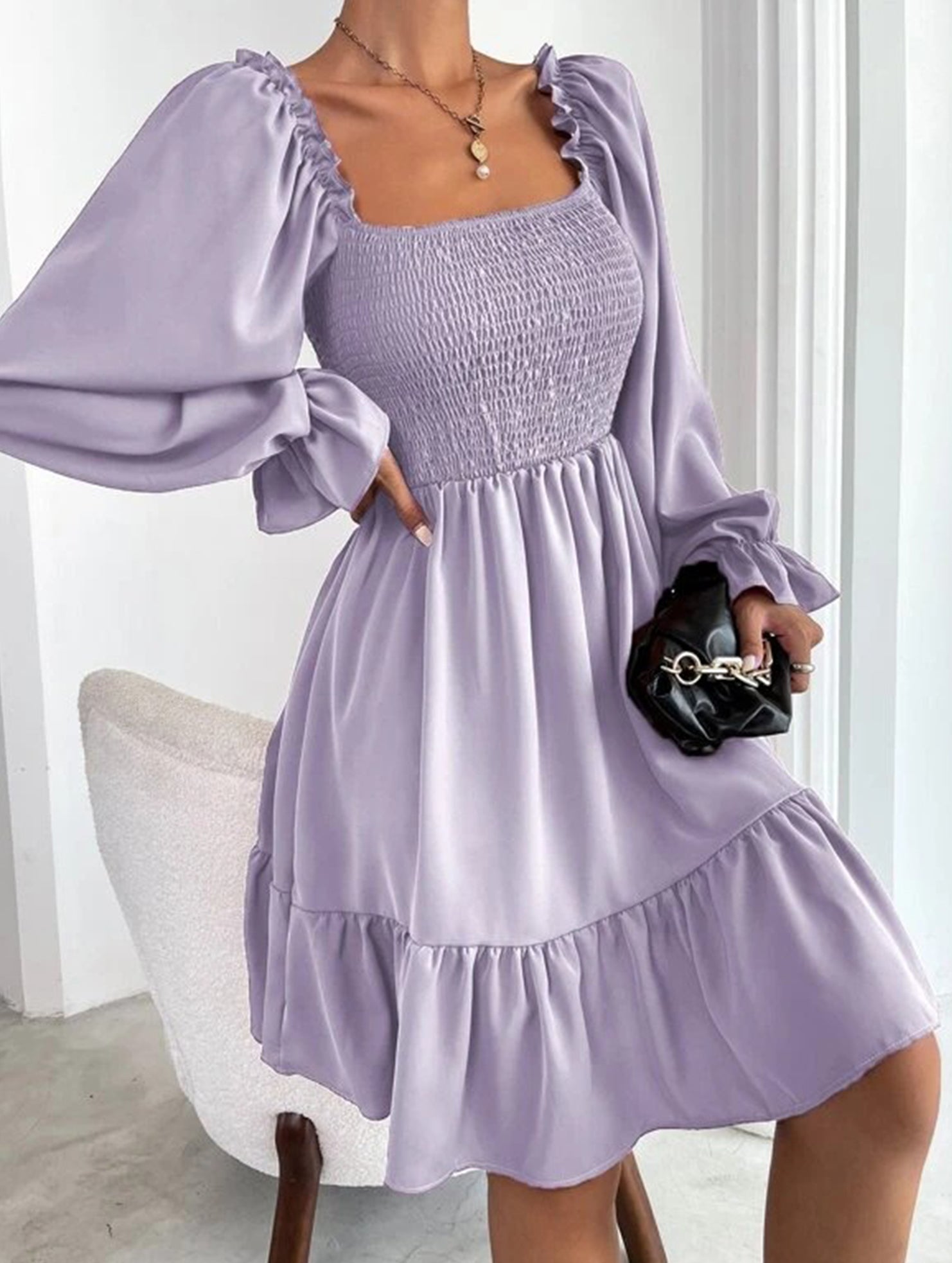 Simple Square Neck Shirred Dress