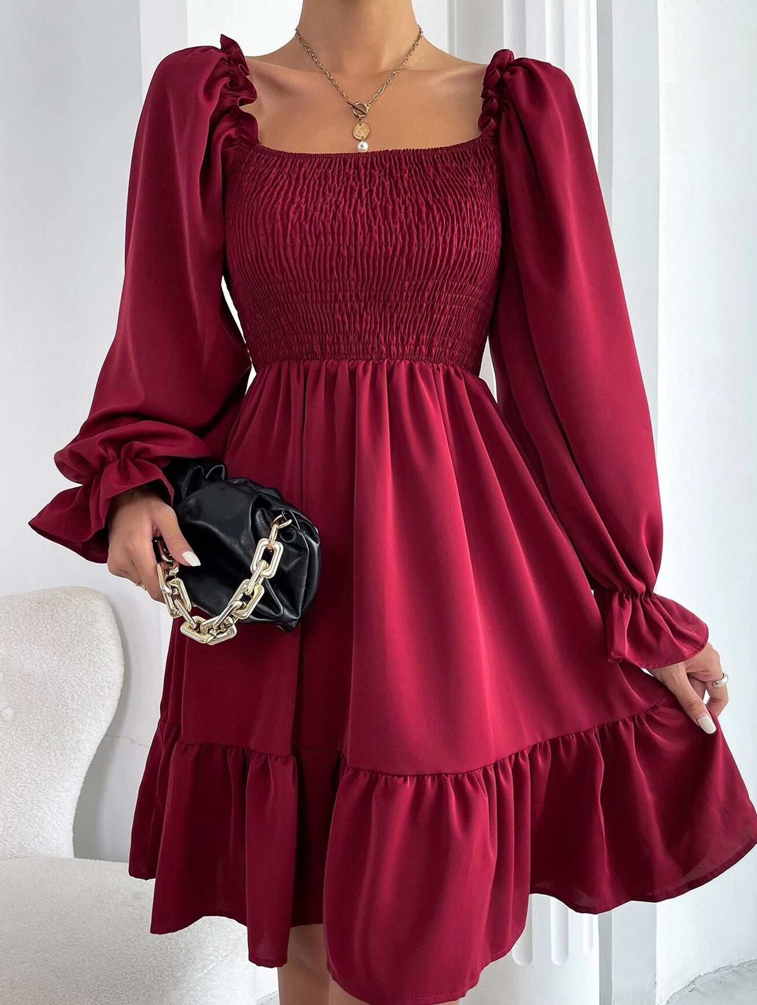 Simple Square Neck Shirred Dress