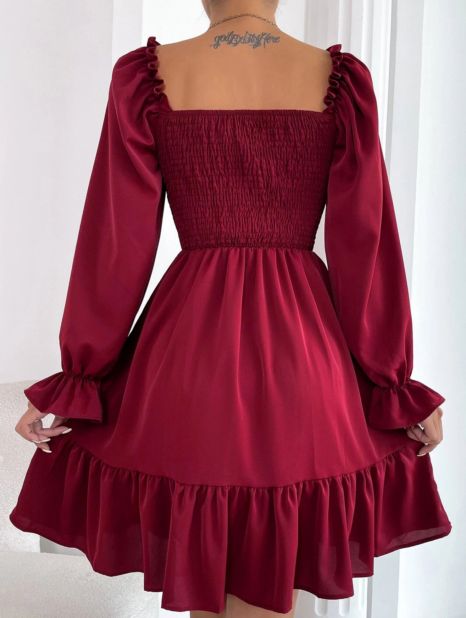 Simple Square Neck Shirred Dress