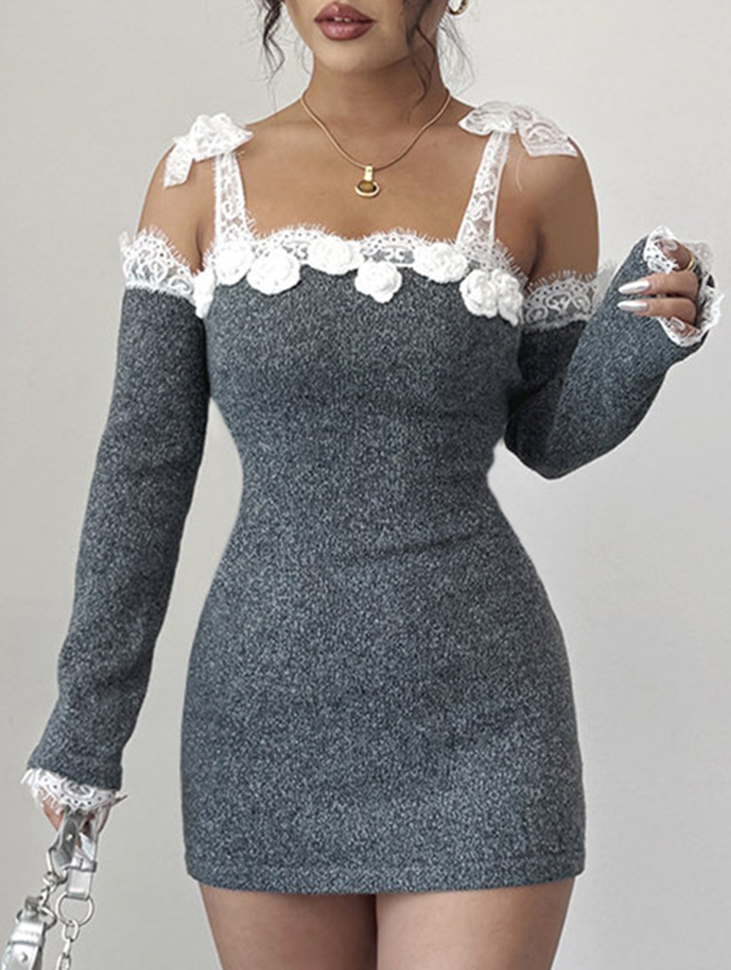 Spliced hand-crocheted one-shoulder dress