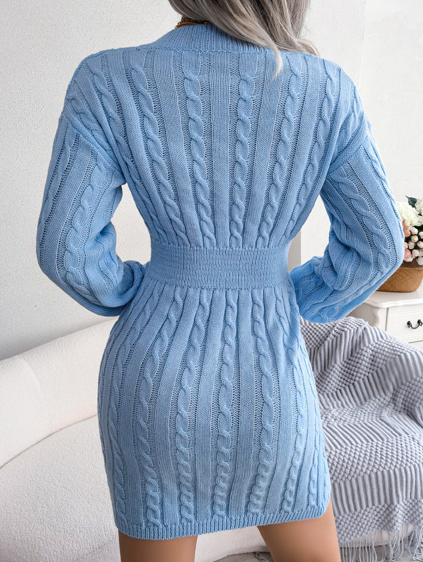 Fashionable waist-hugging cable-knitted hip dress