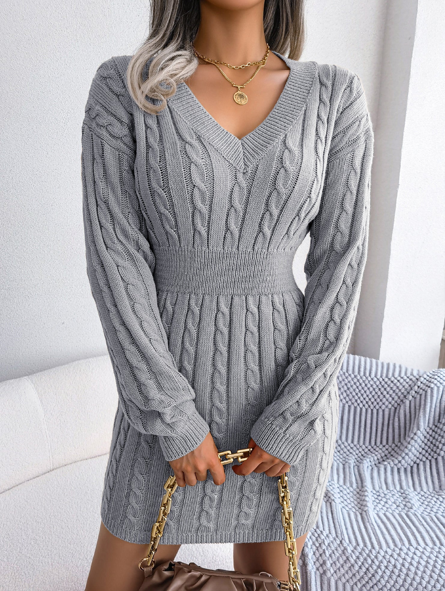 Fashionable waist-hugging cable-knitted hip dress