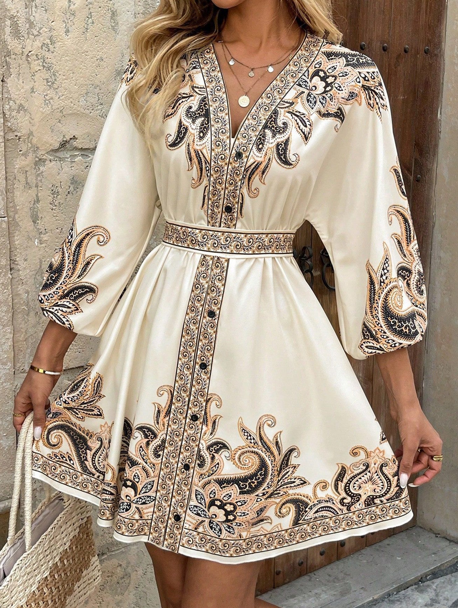 Printed V-neck three-quarter sleeve tie-waist dress