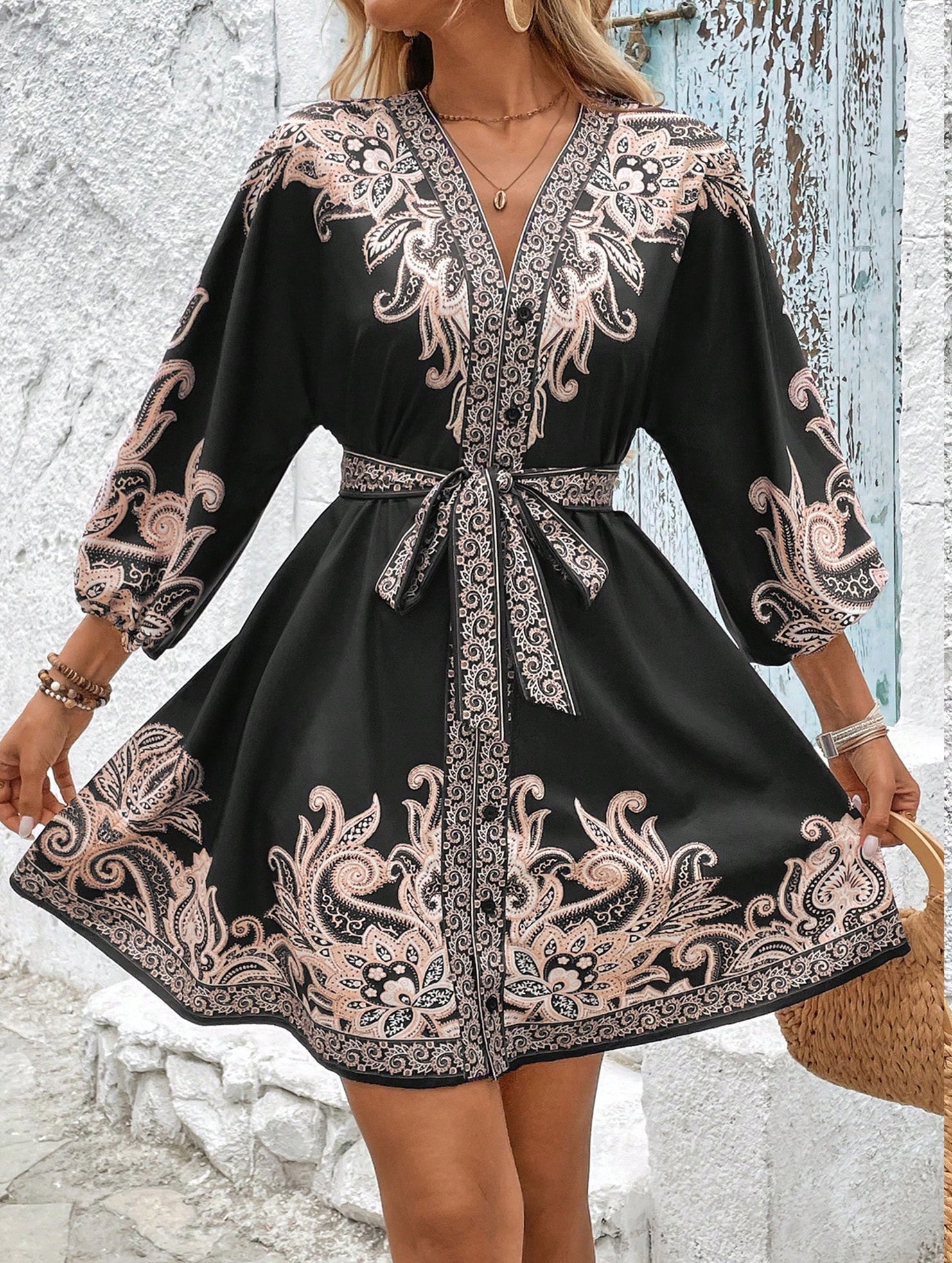 Printed V-neck three-quarter sleeve tie-waist dress