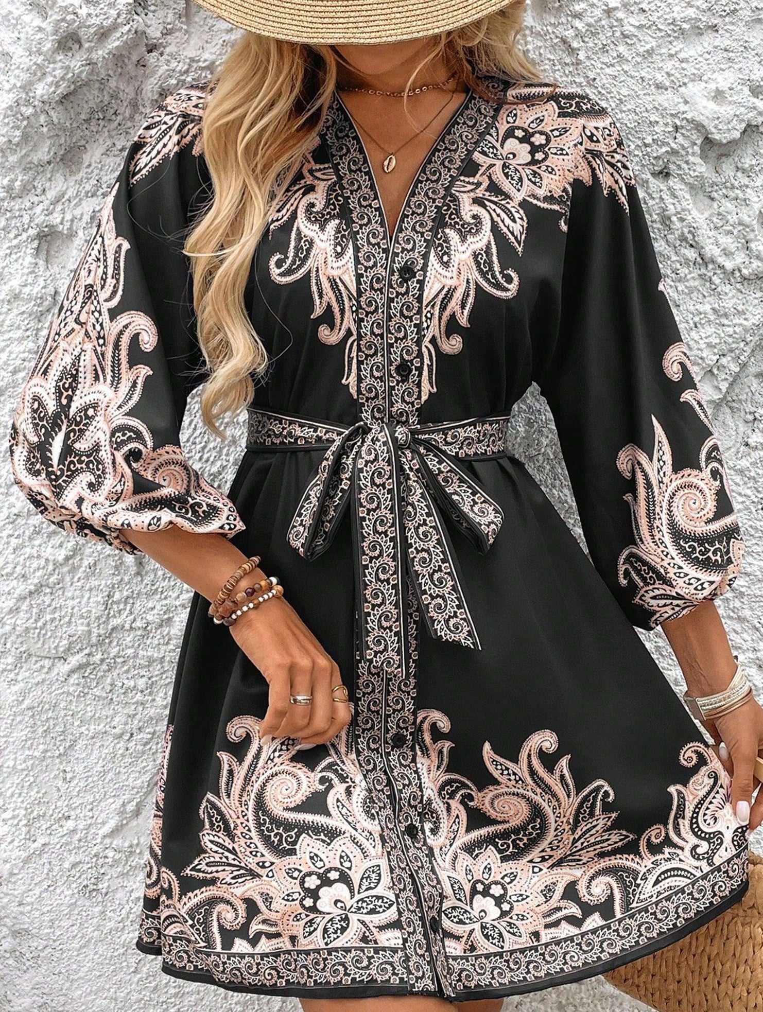 Printed V-neck three-quarter sleeve tie-waist dress