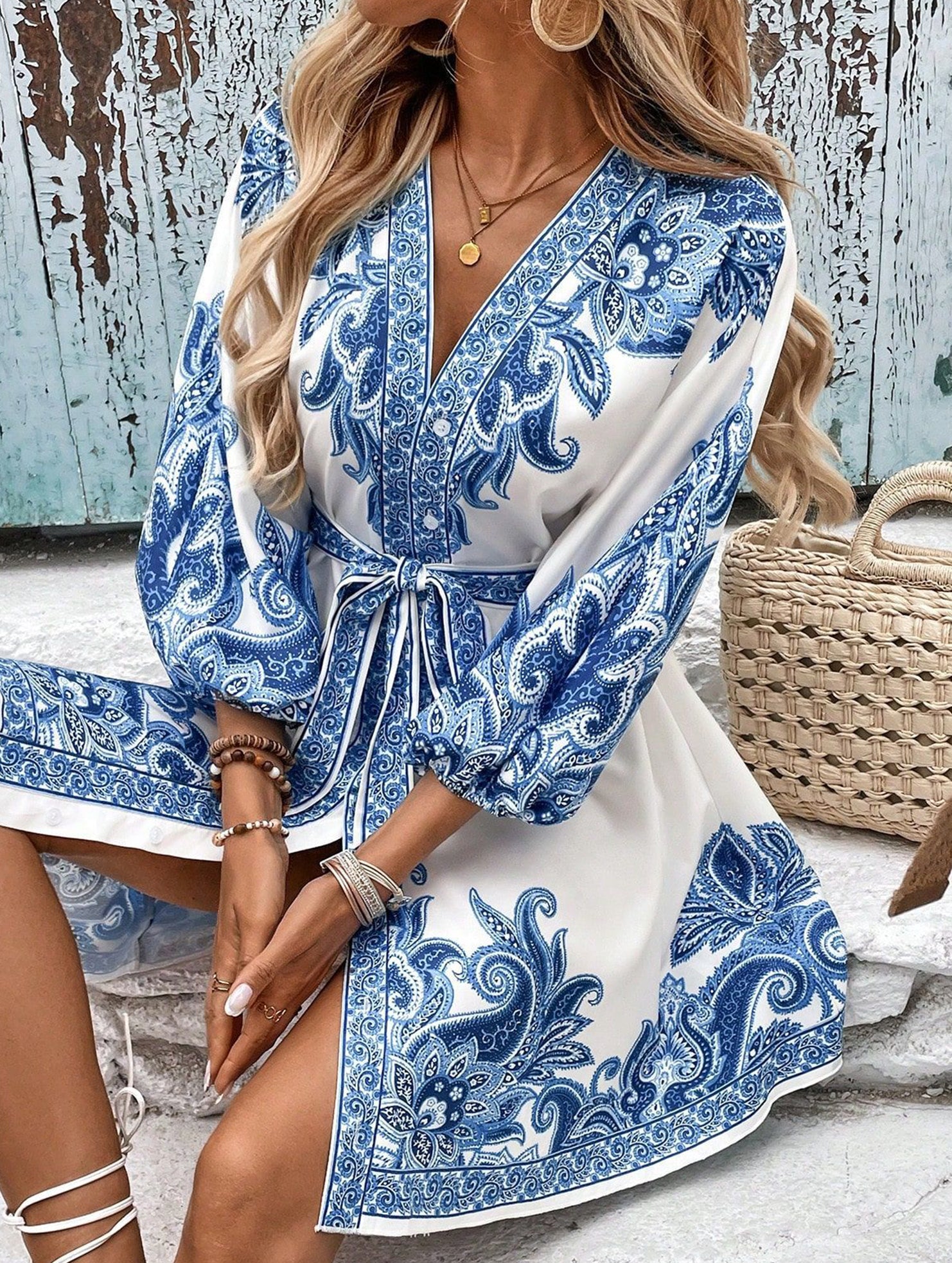Printed V-neck three-quarter sleeve tie-waist dress