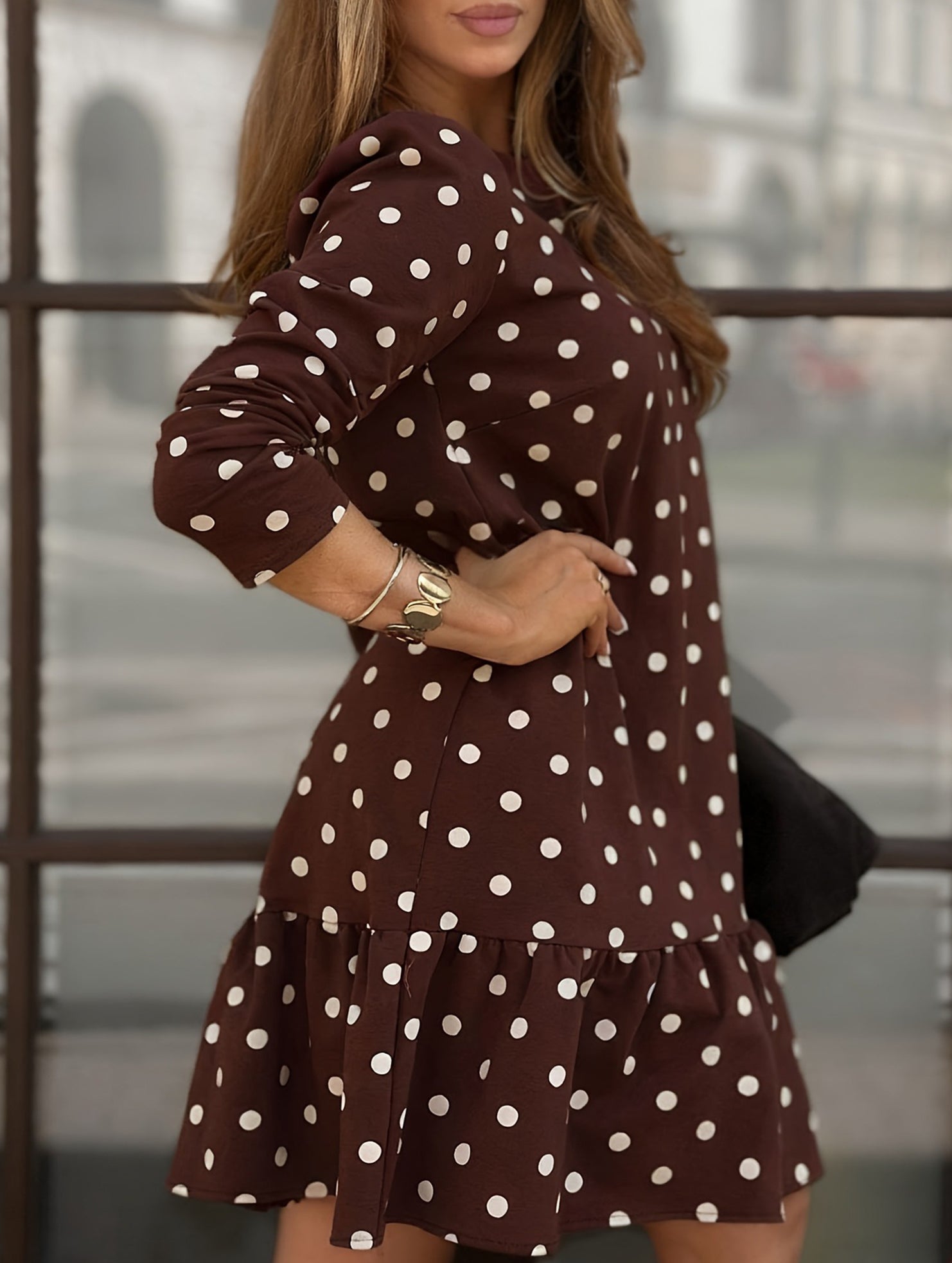 Brown polka dot slim fit dress