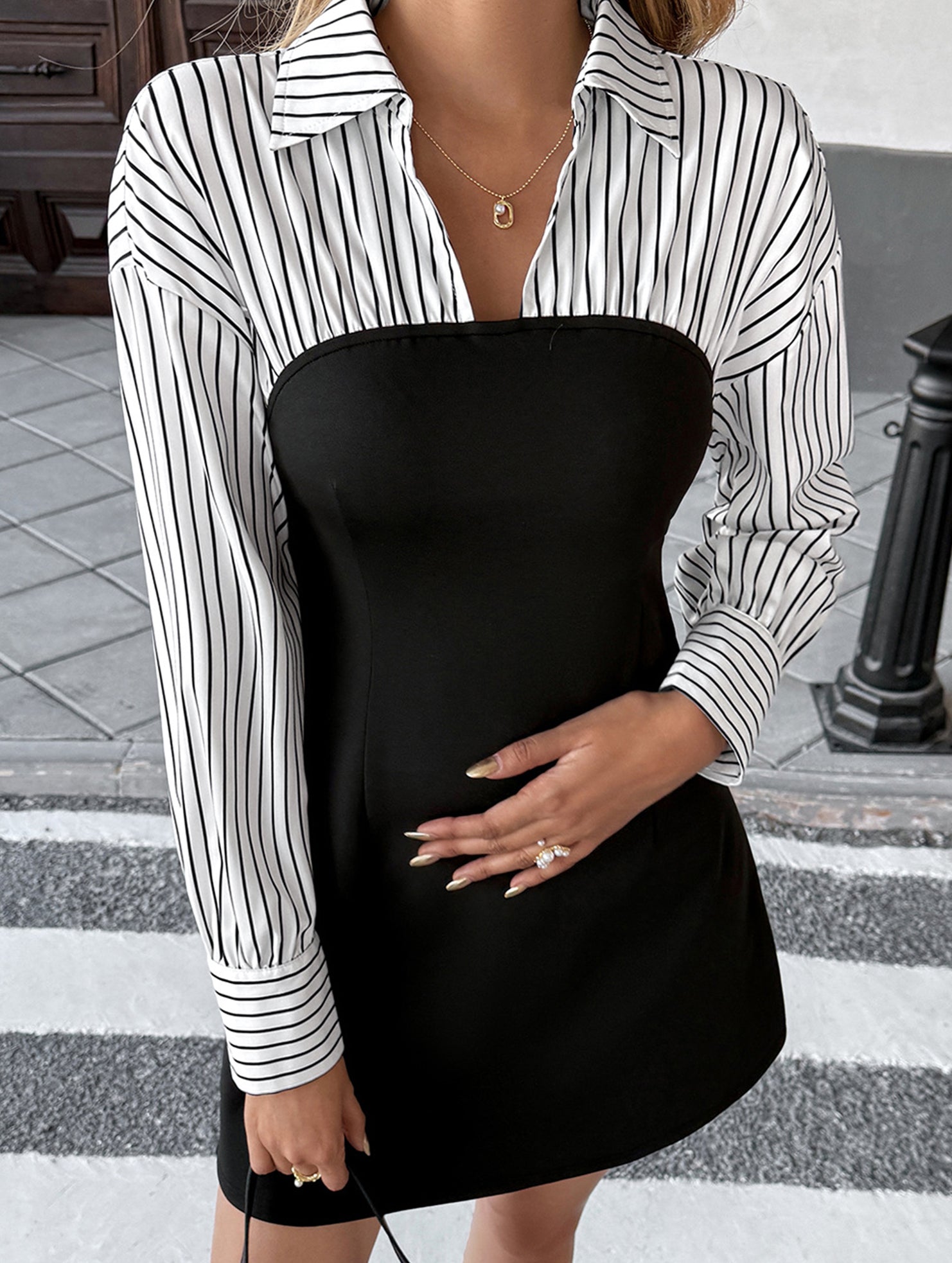 Shirt-style two-piece striped dress