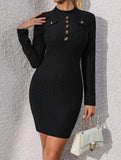 Button-button textured knitted jacquard hip dress