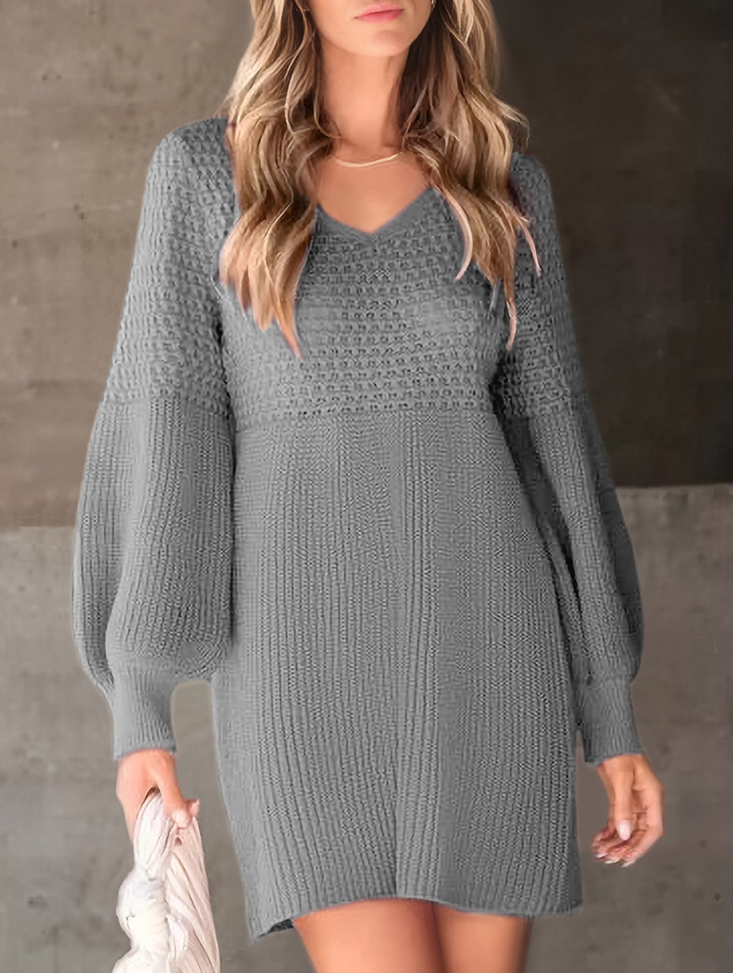 V-neck puff sleeve solid color knitted sweater dress