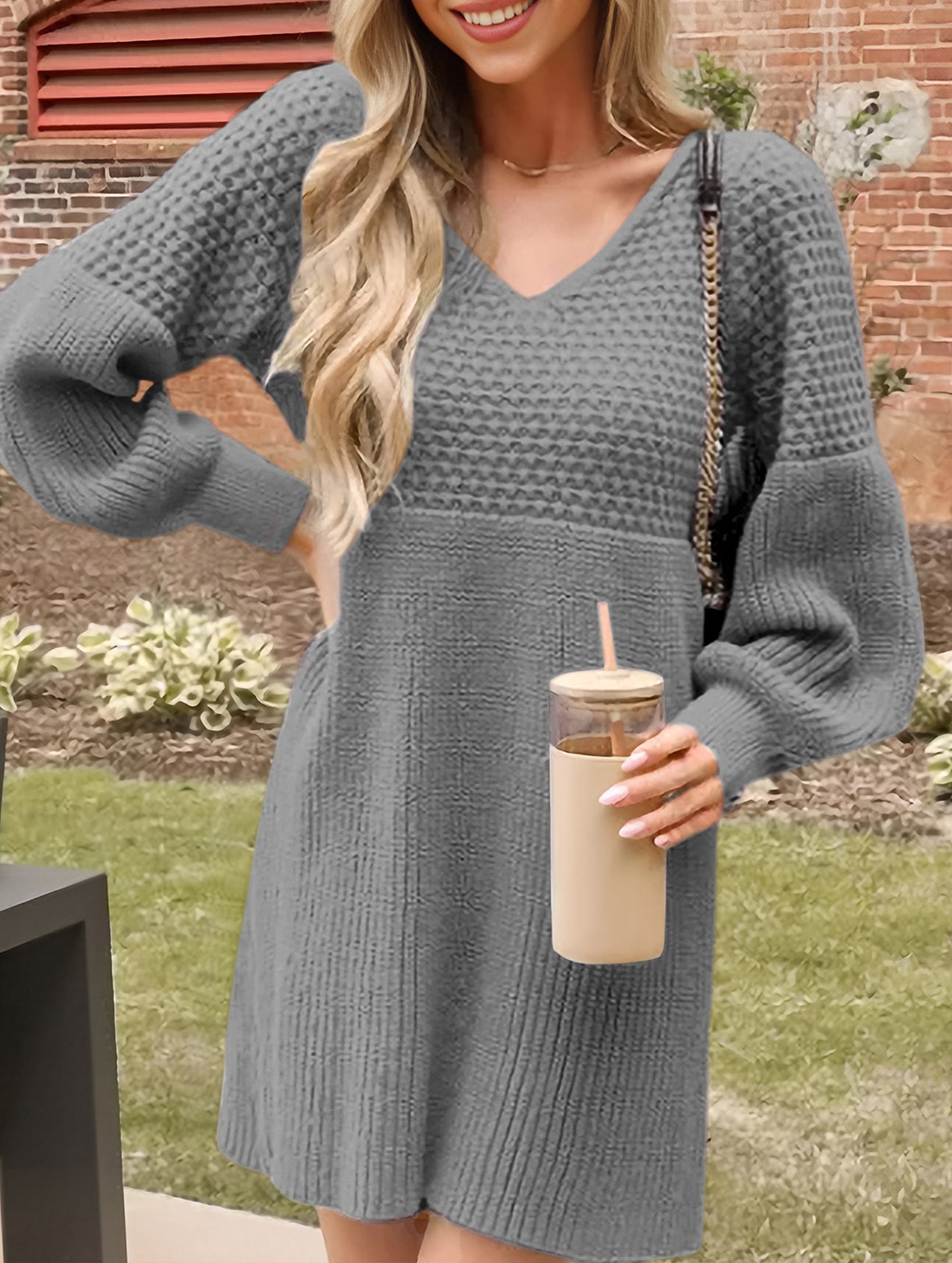 V-neck puff sleeve solid color knitted sweater dress