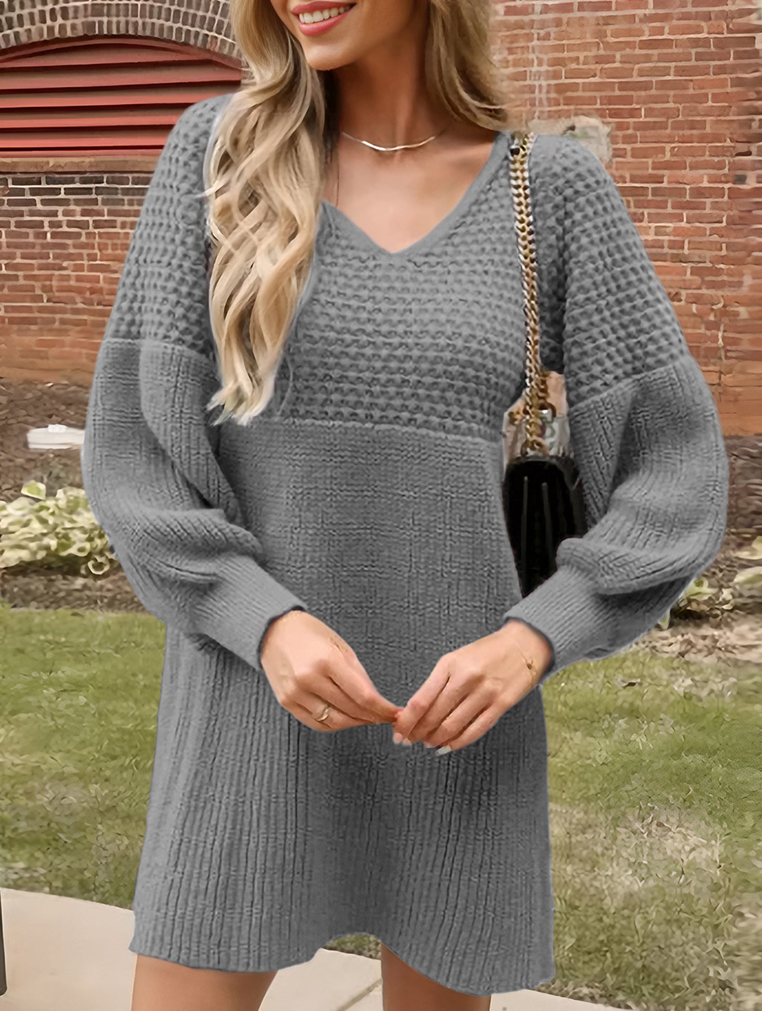 V-neck puff sleeve solid color knitted sweater dress