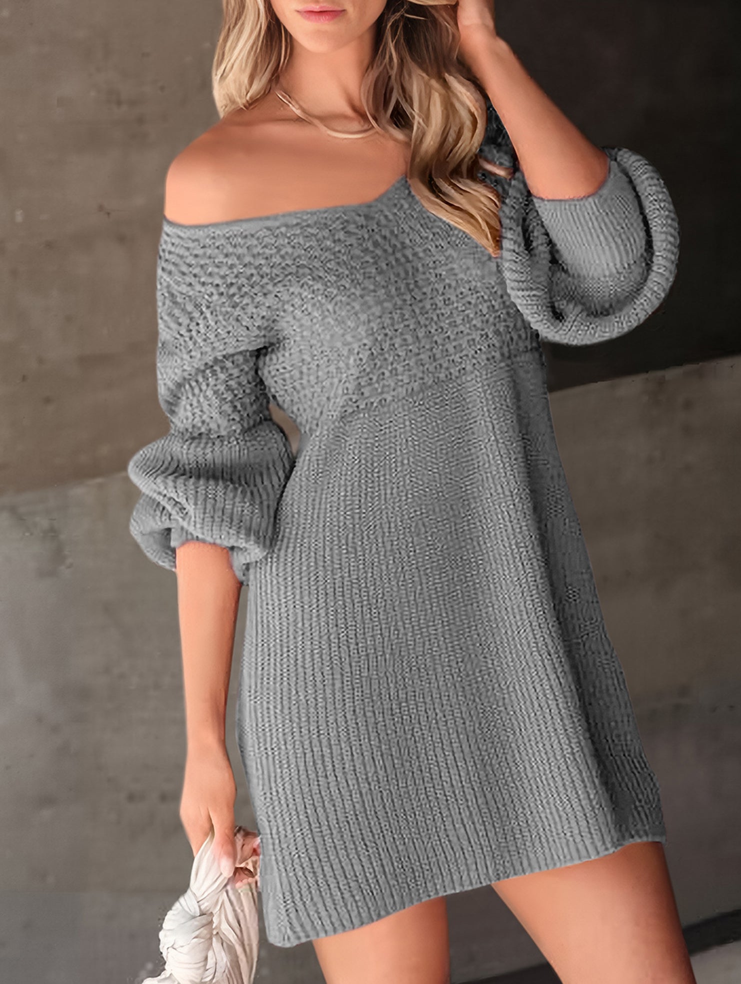 V-neck puff sleeve solid color knitted sweater dress
