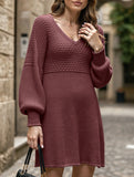 V-neck puff sleeve solid color knitted sweater dress