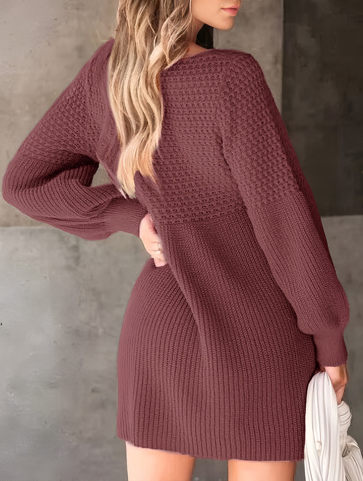 V-neck puff sleeve solid color knitted sweater dress