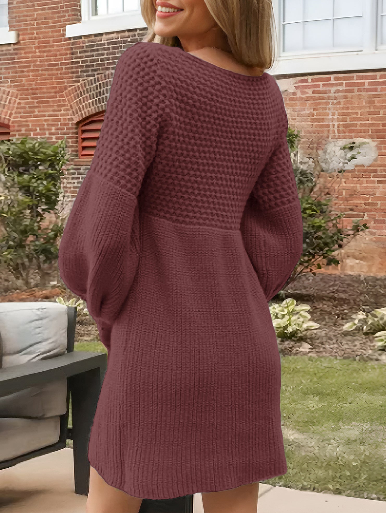 V-neck puff sleeve solid color knitted sweater dress