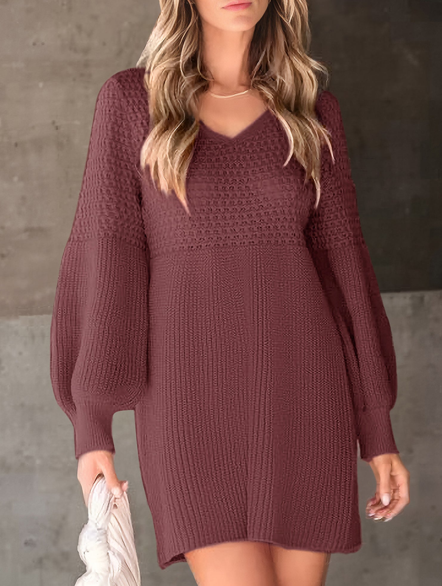 V-neck puff sleeve solid color knitted sweater dress