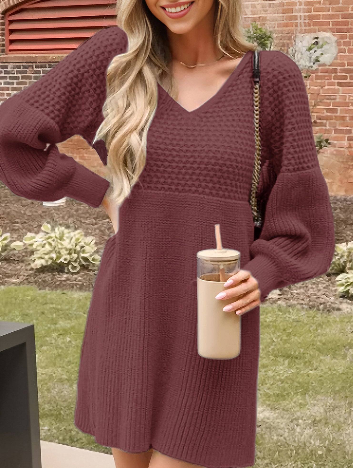 V-neck puff sleeve solid color knitted sweater dress