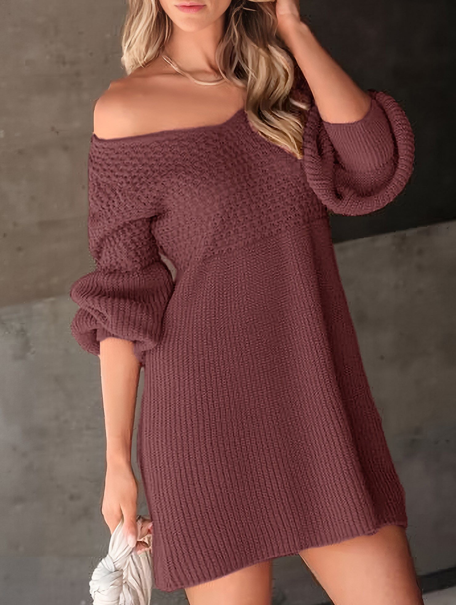 V-neck puff sleeve solid color knitted sweater dress