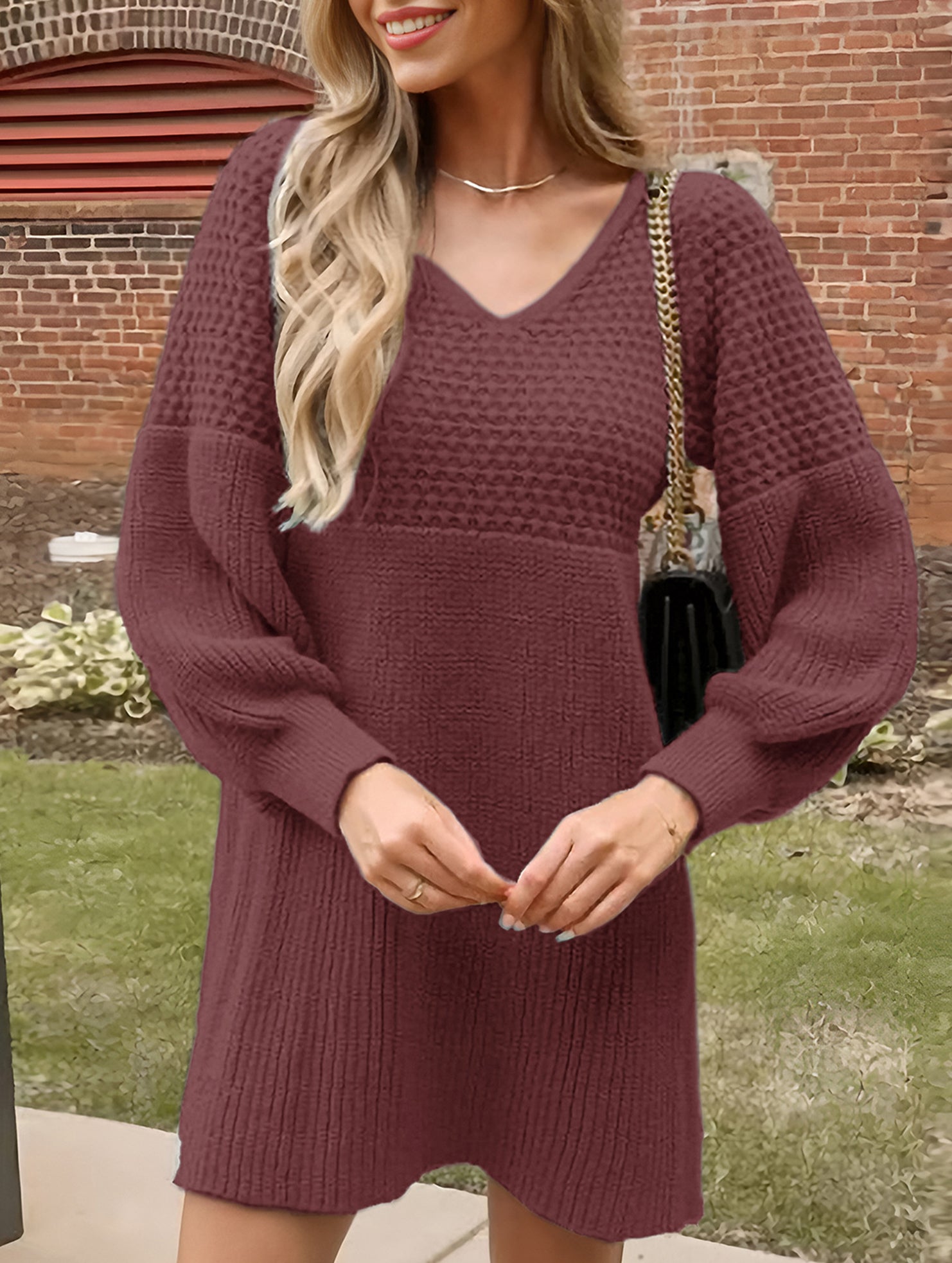 V-neck puff sleeve solid color knitted sweater dress