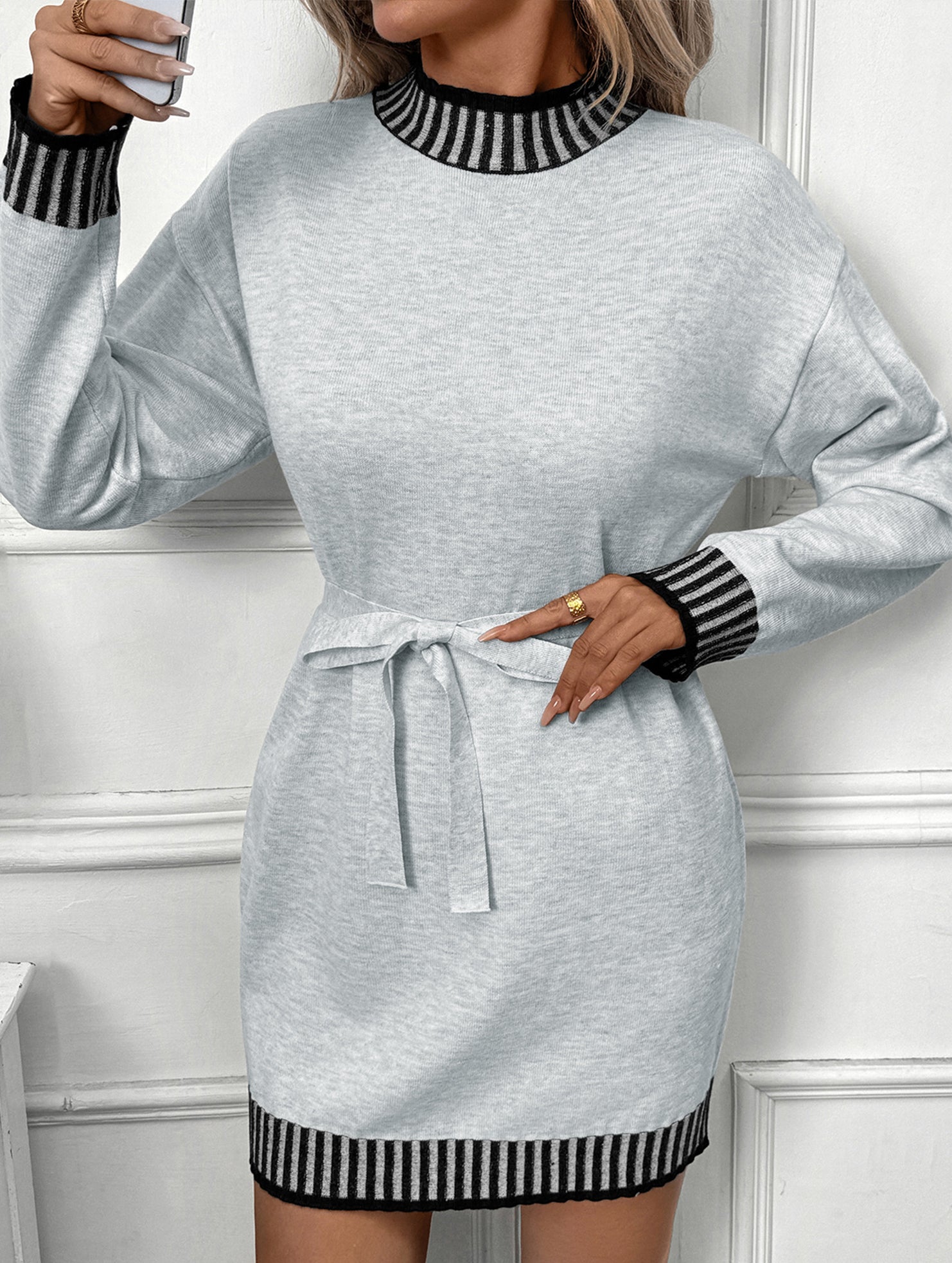 Casual striped half-high collar contrast sweater dress