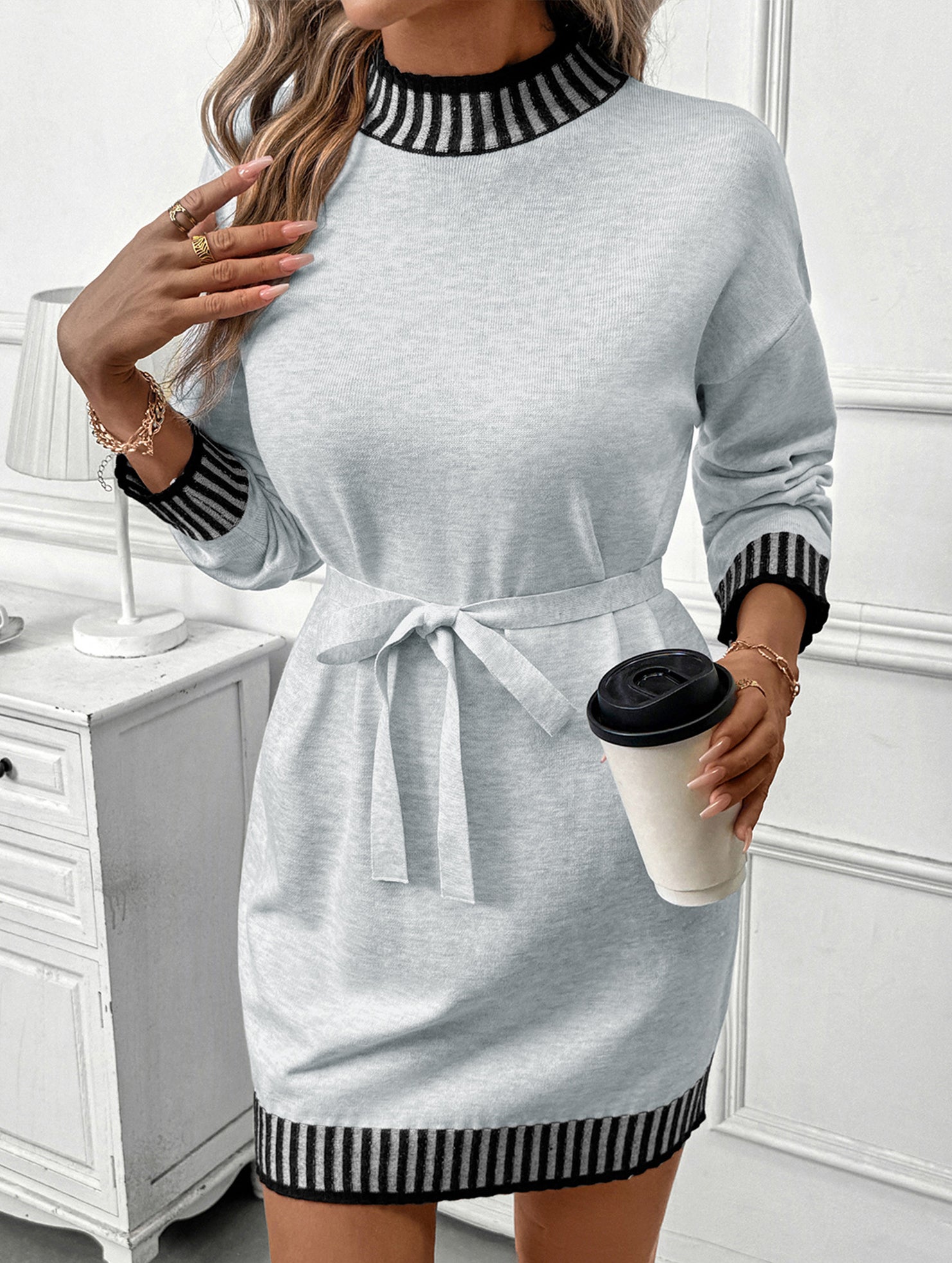 Casual striped half-high collar contrast sweater dress